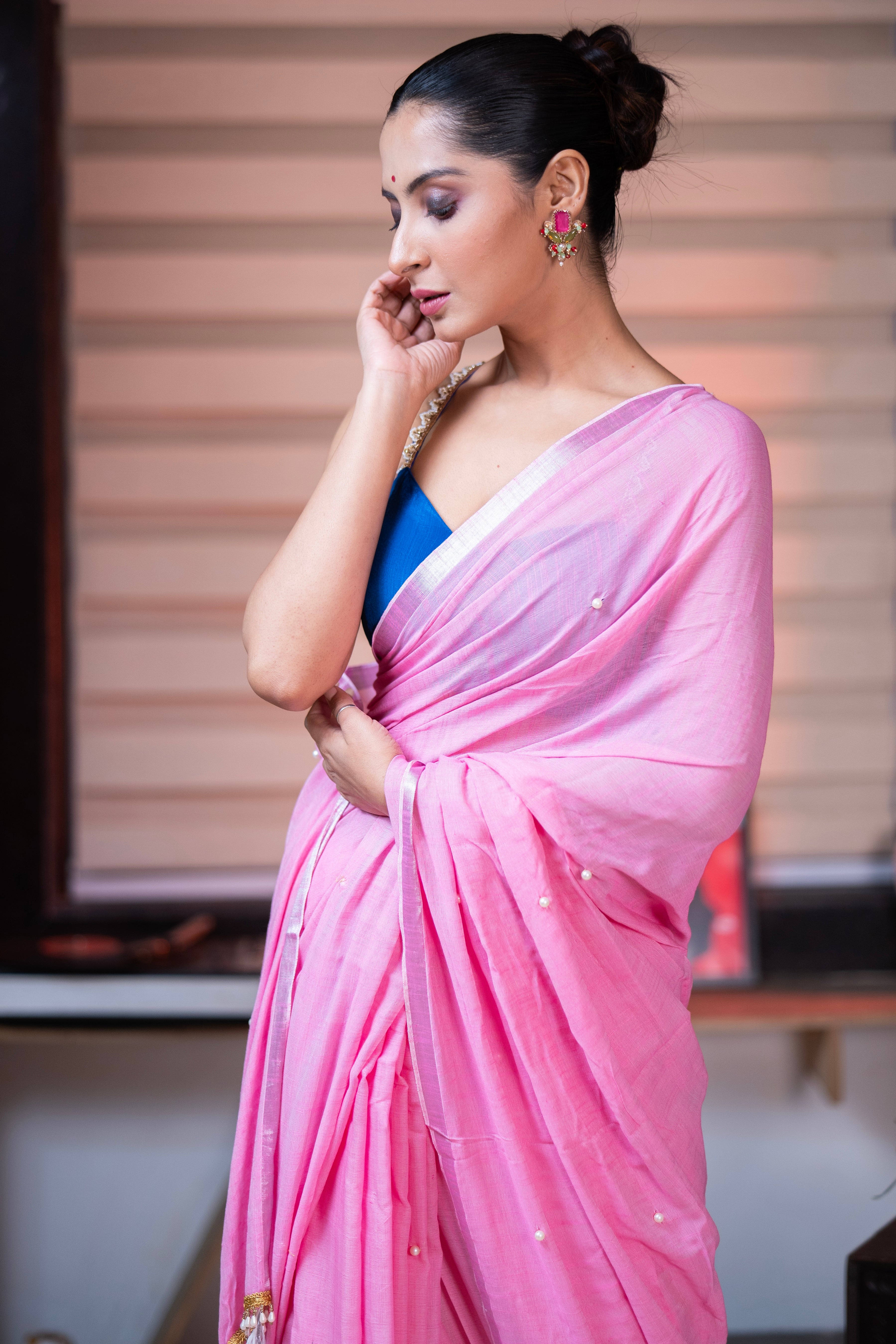 Pink Soft Cotton Saree with Moti Work