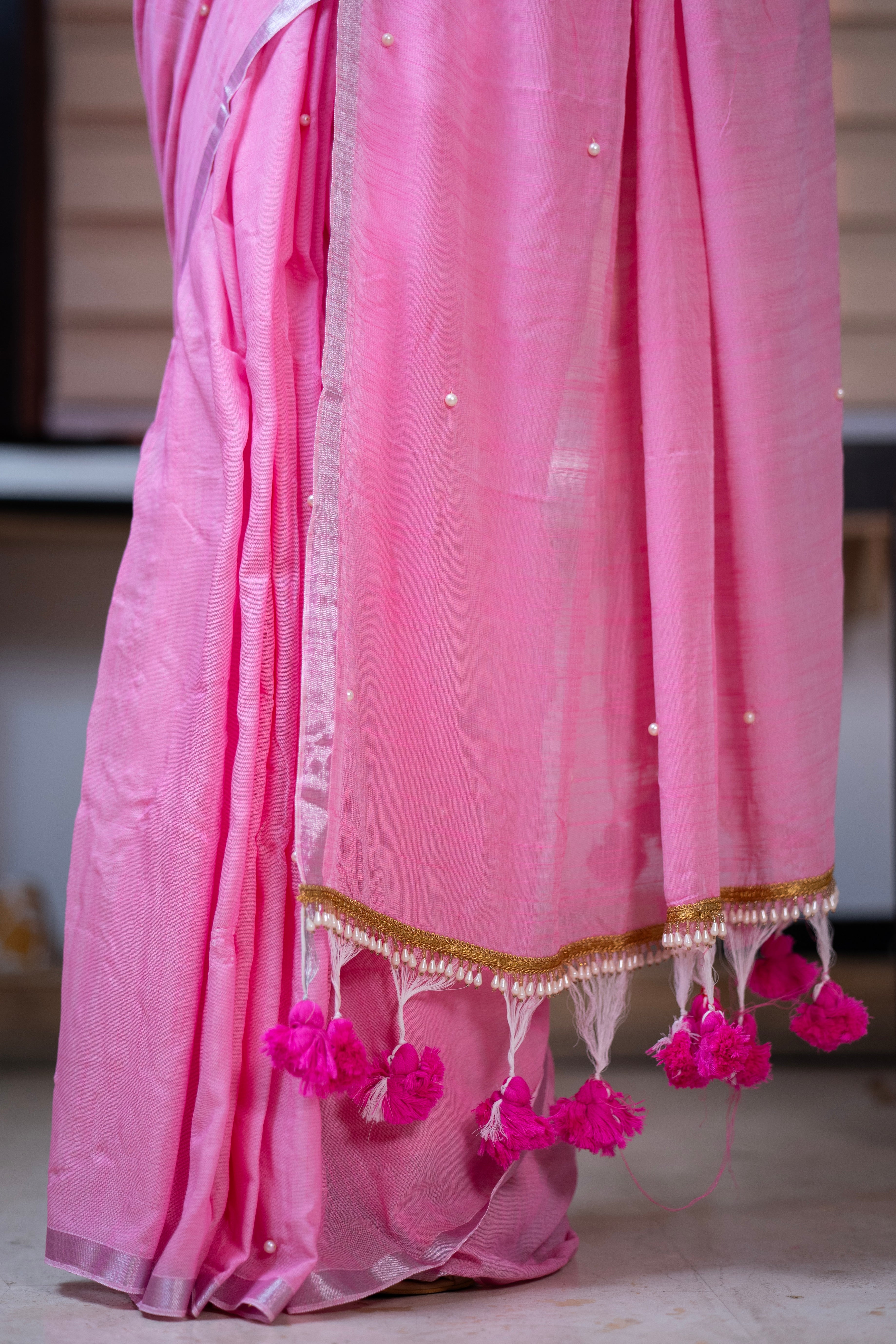 Pink Soft Cotton Saree with Moti Work