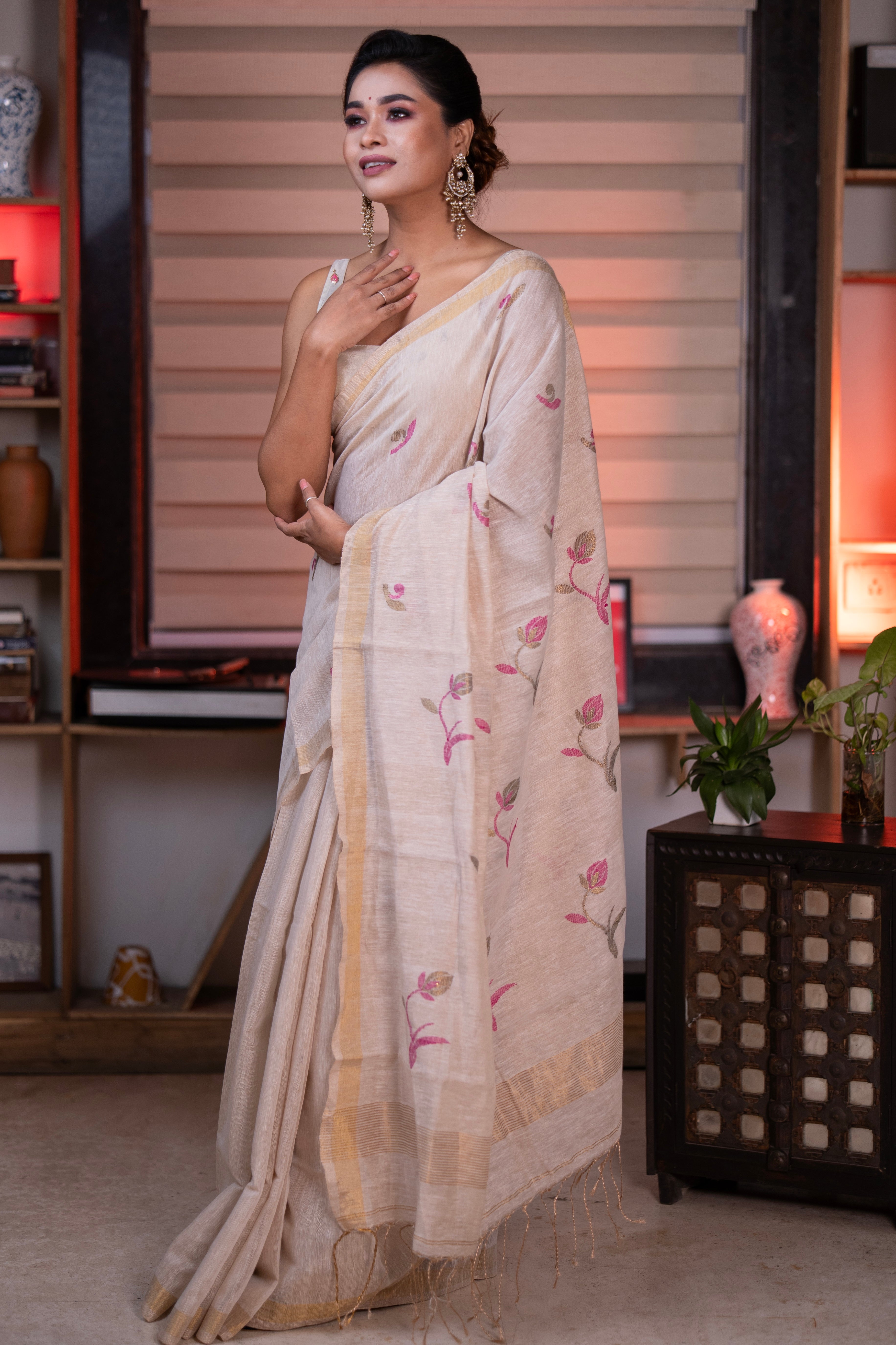 Cream Pure Tissue Linen Handwoven Tulip Saree