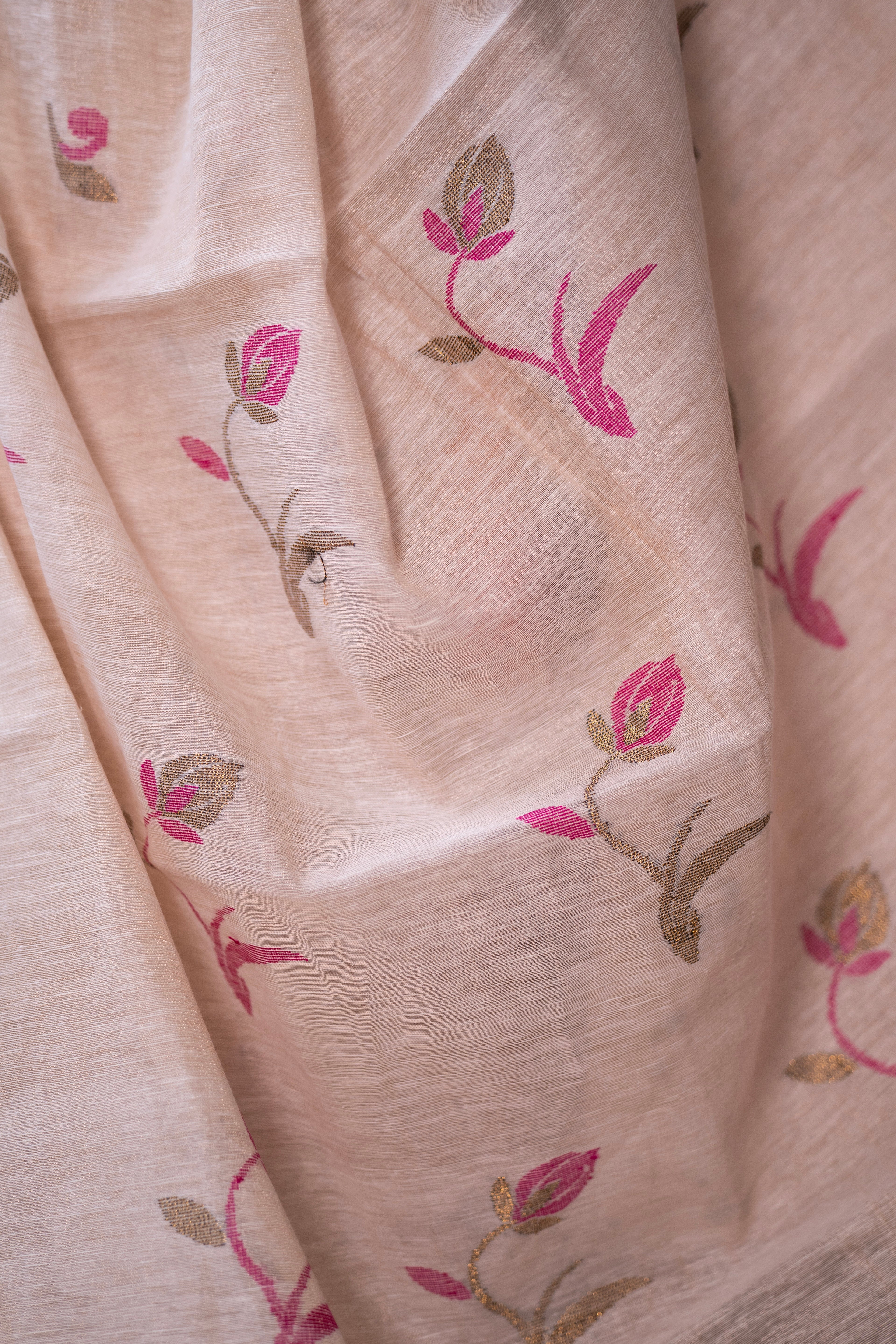 Cream Pure Tissue Linen Handwoven Tulip Saree