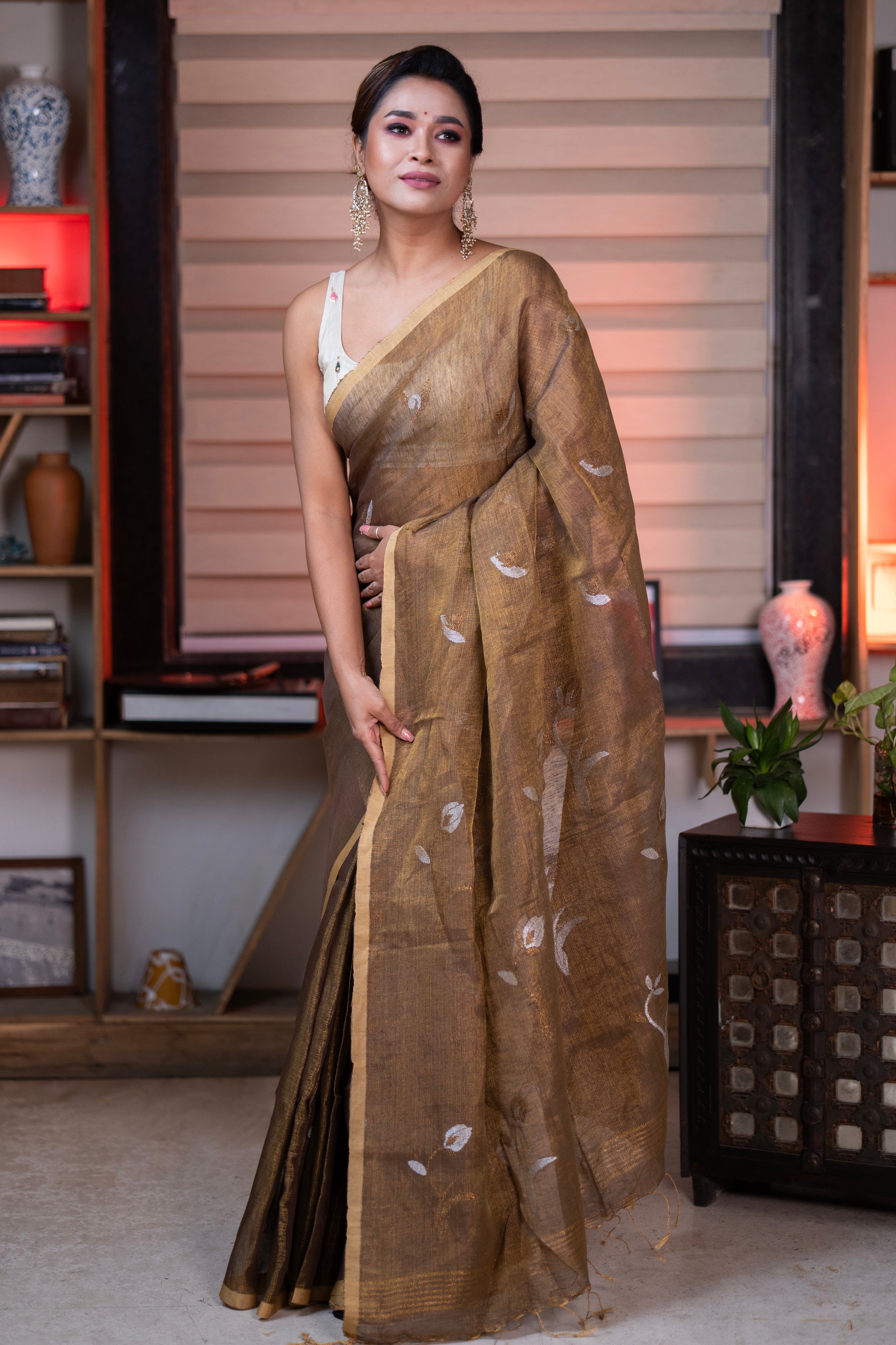 Copper Pure Tissue Linen Handwoven Tulip Saree