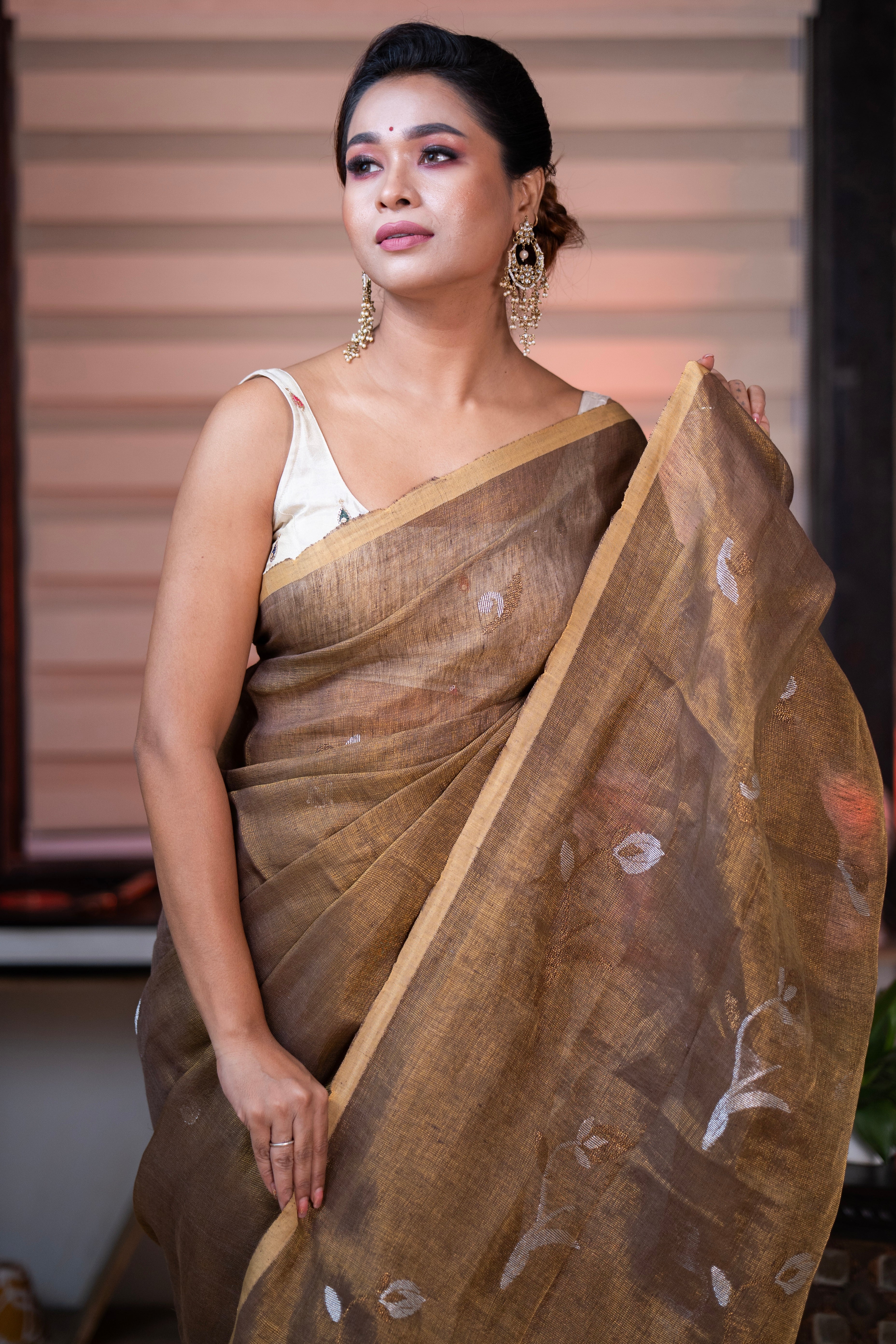 Copper Pure Tissue Linen Handwoven Tulip Saree