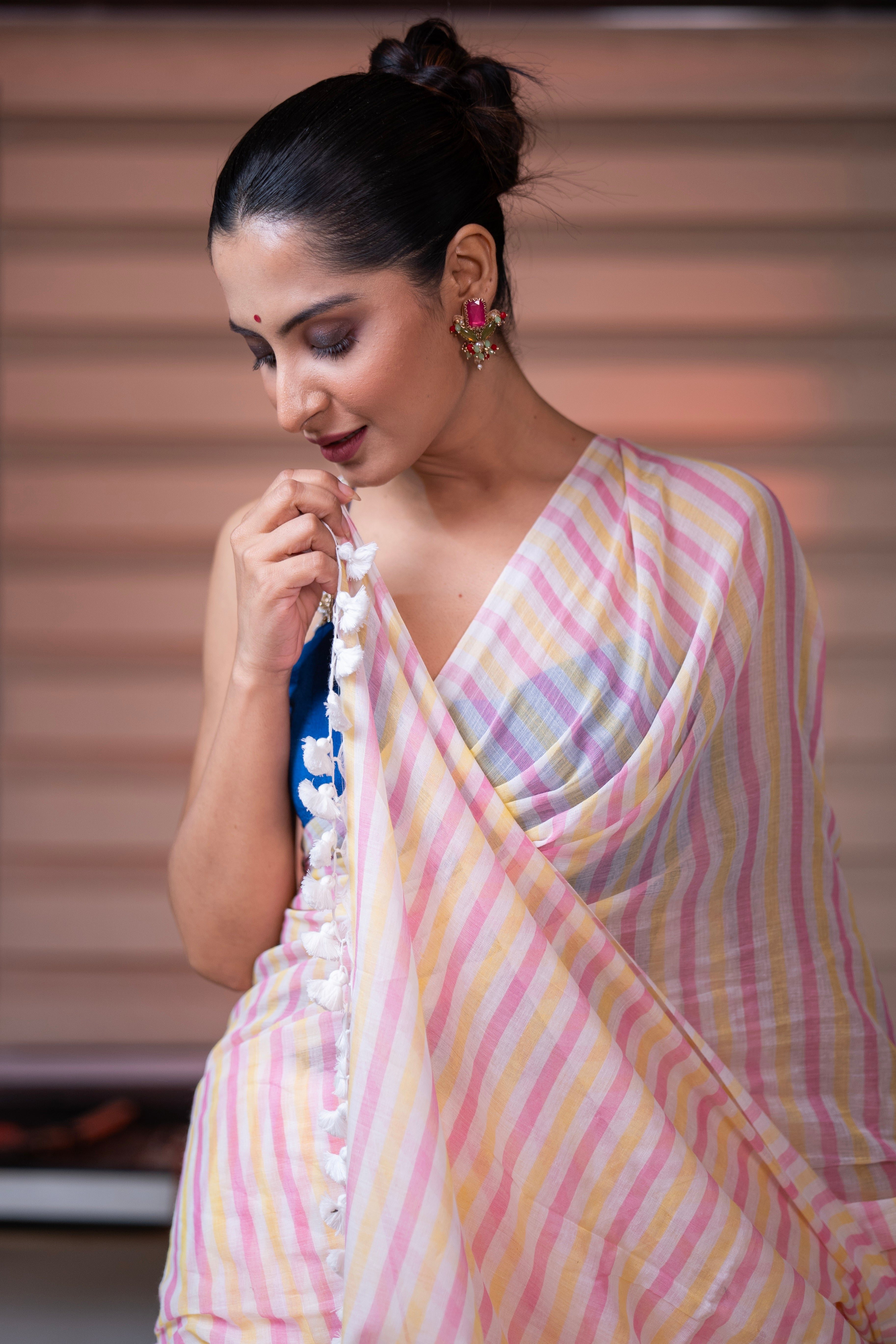 Yellow & Pink Multicolour Stripes Mul Mul Cotton Saree with Blouse piece