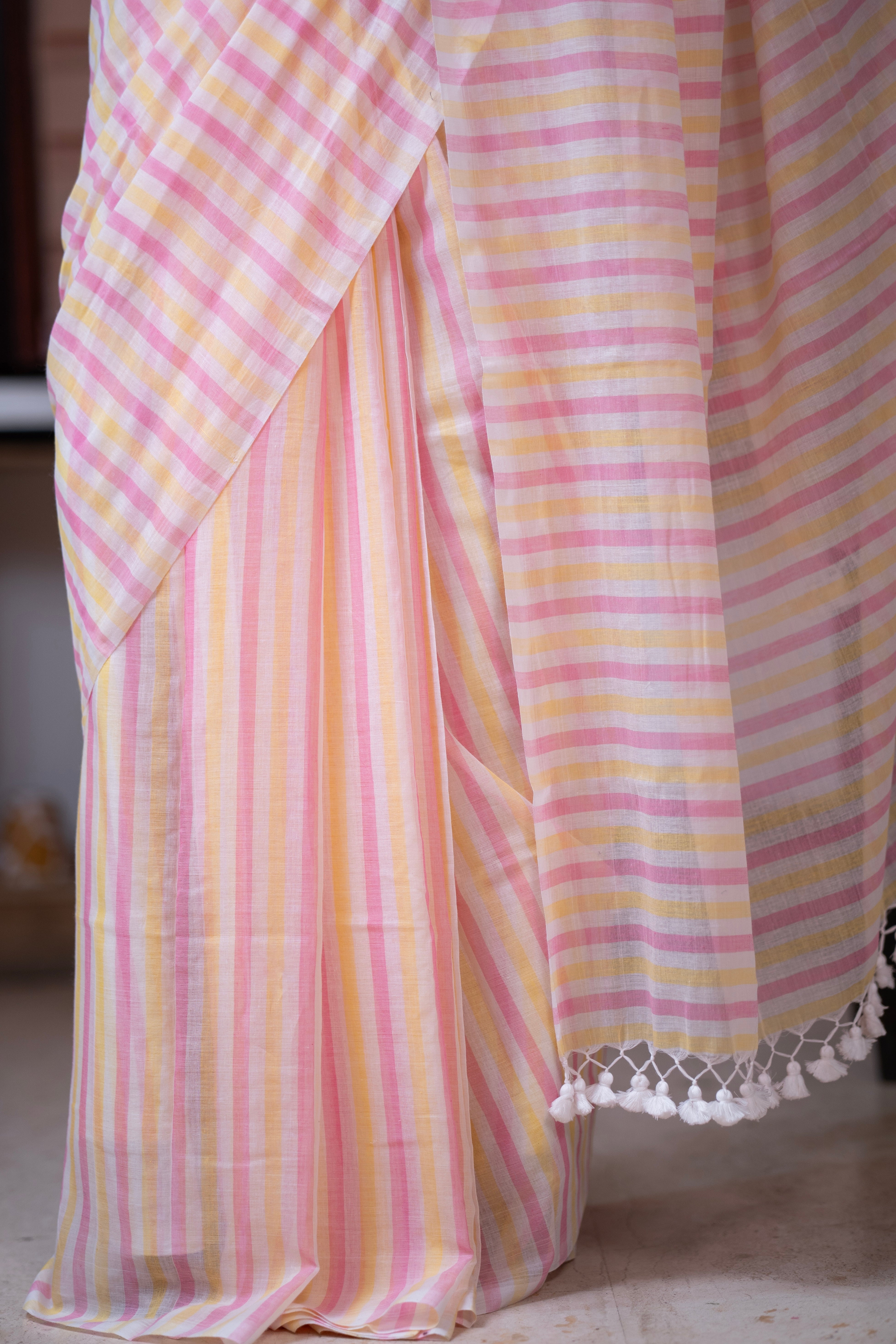 Yellow & Pink Multicolour Stripes Mul Mul Cotton Saree with Blouse piece