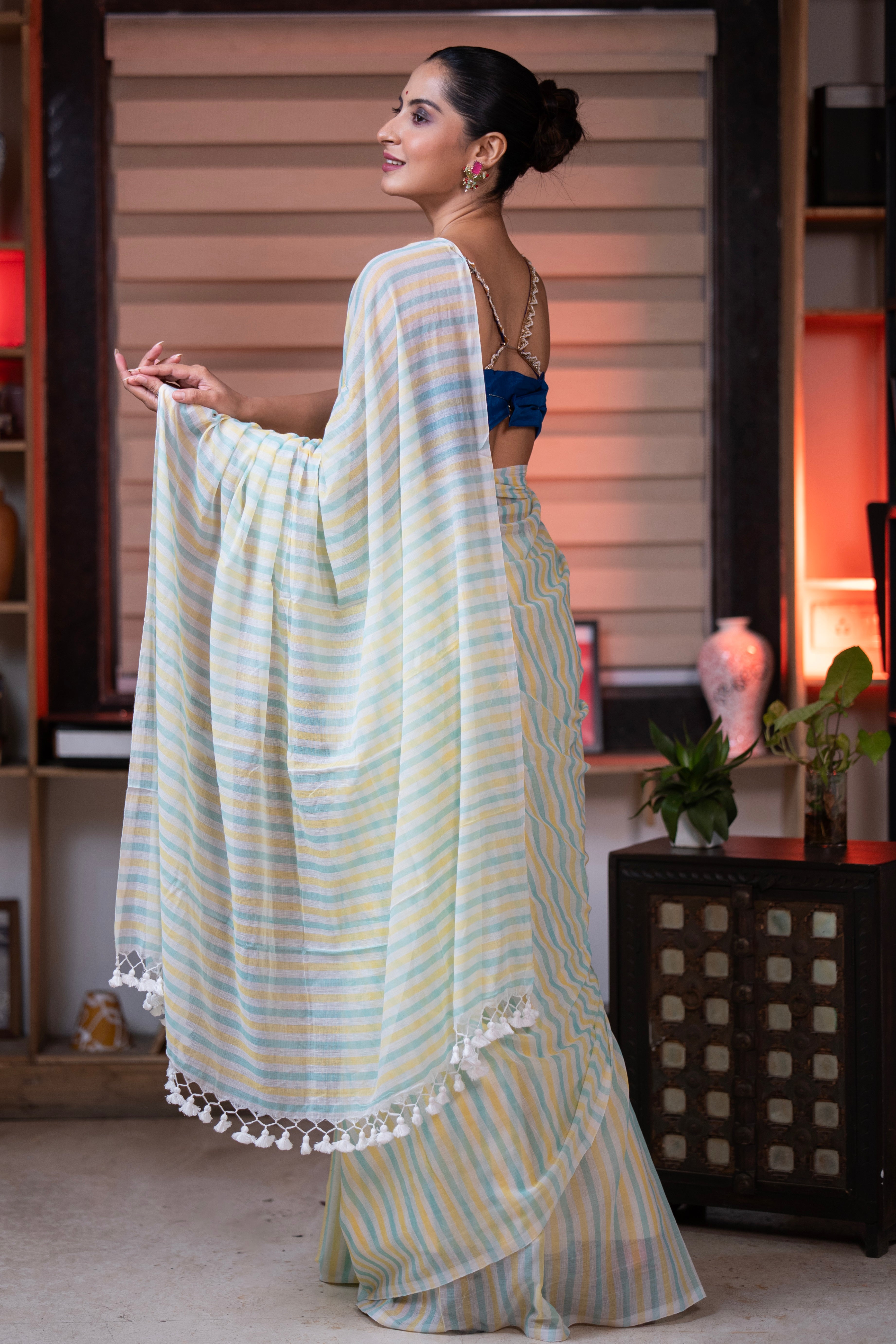 Yellow & Blue Multicolour Stripes Mul Mul Cotton Saree with Blouse piece