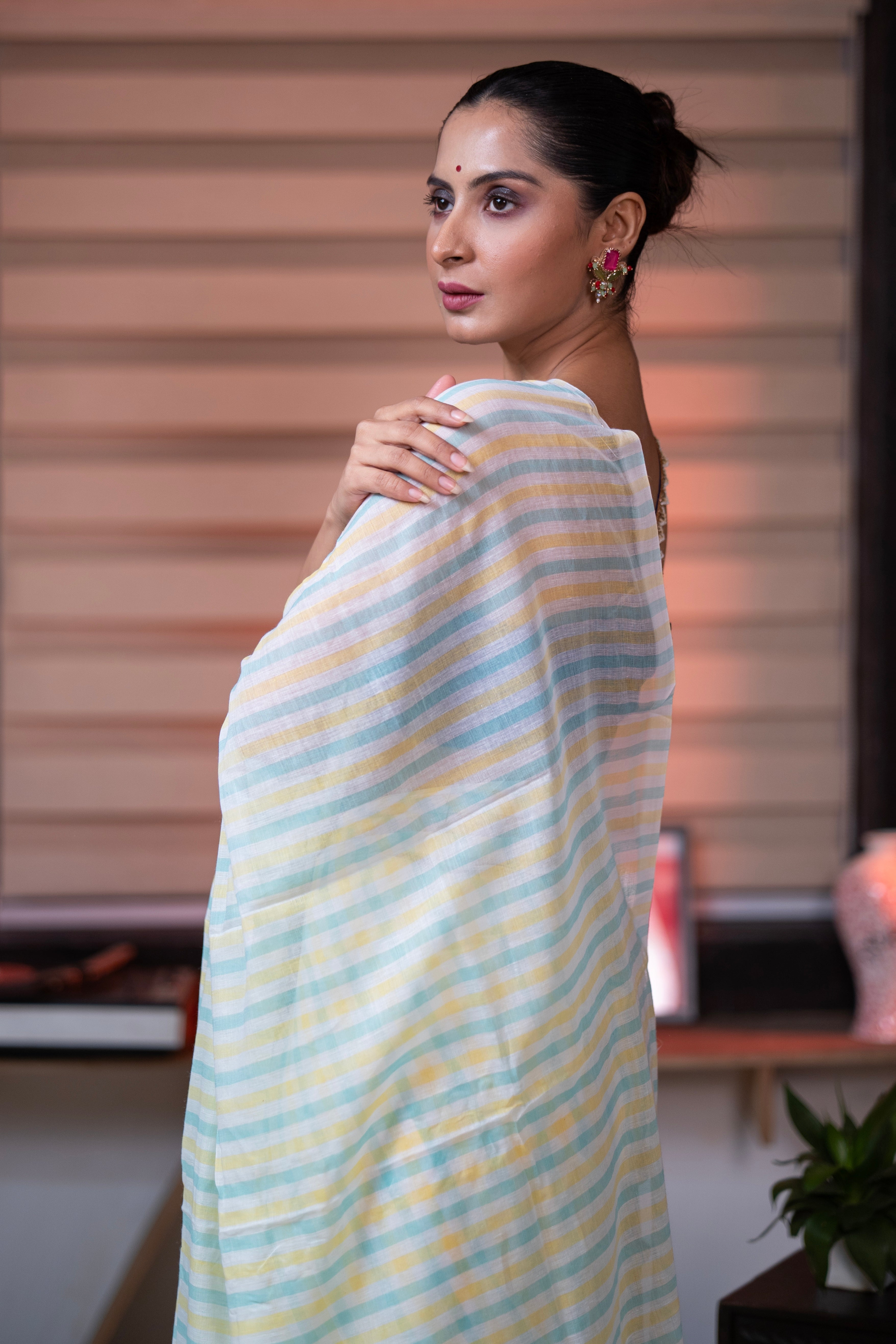 Yellow & Blue Multicolour Stripes Mul Mul Cotton Saree with Blouse piece