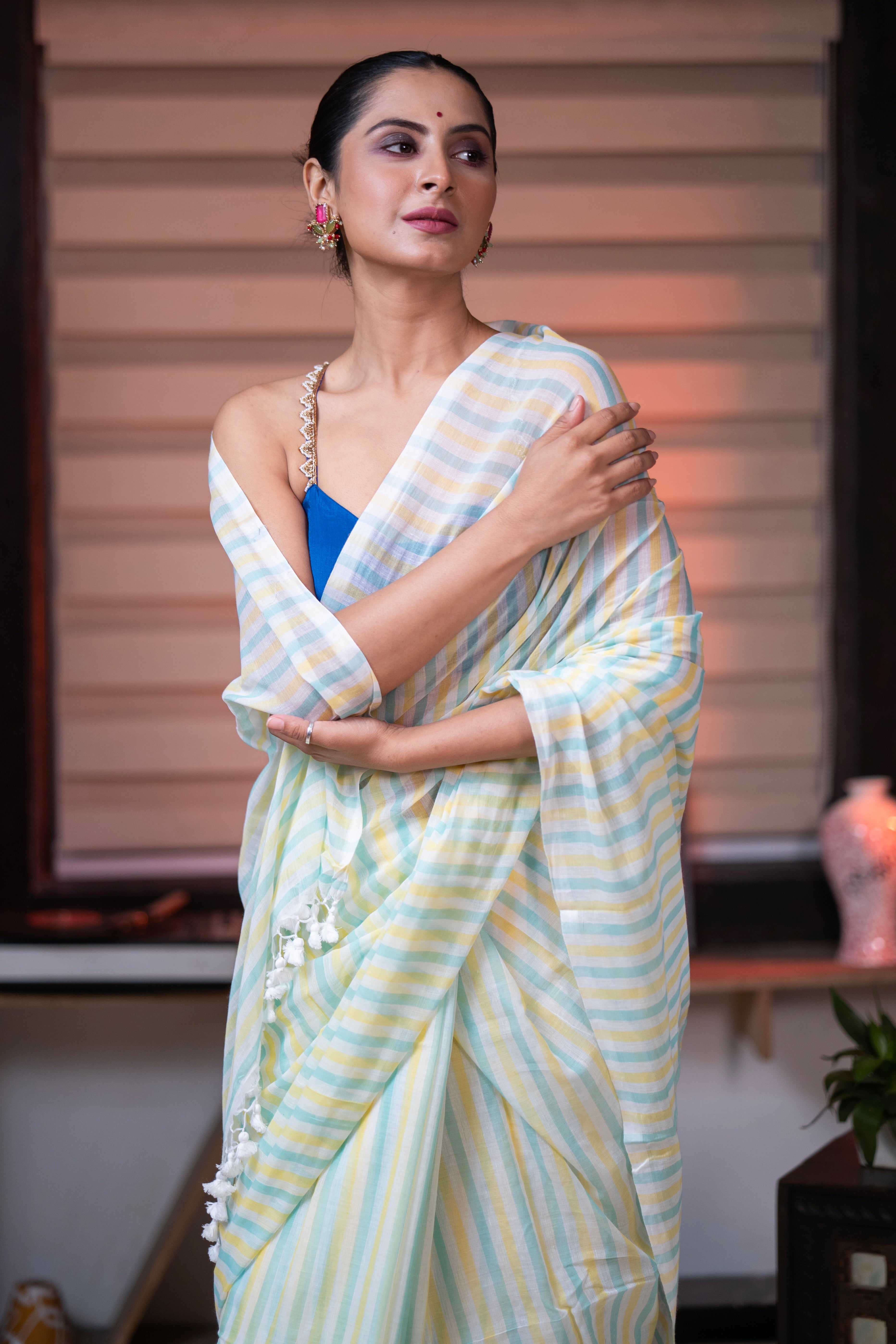 Yellow & Blue Multicolour Stripes Mul Mul Cotton Saree with Blouse piece