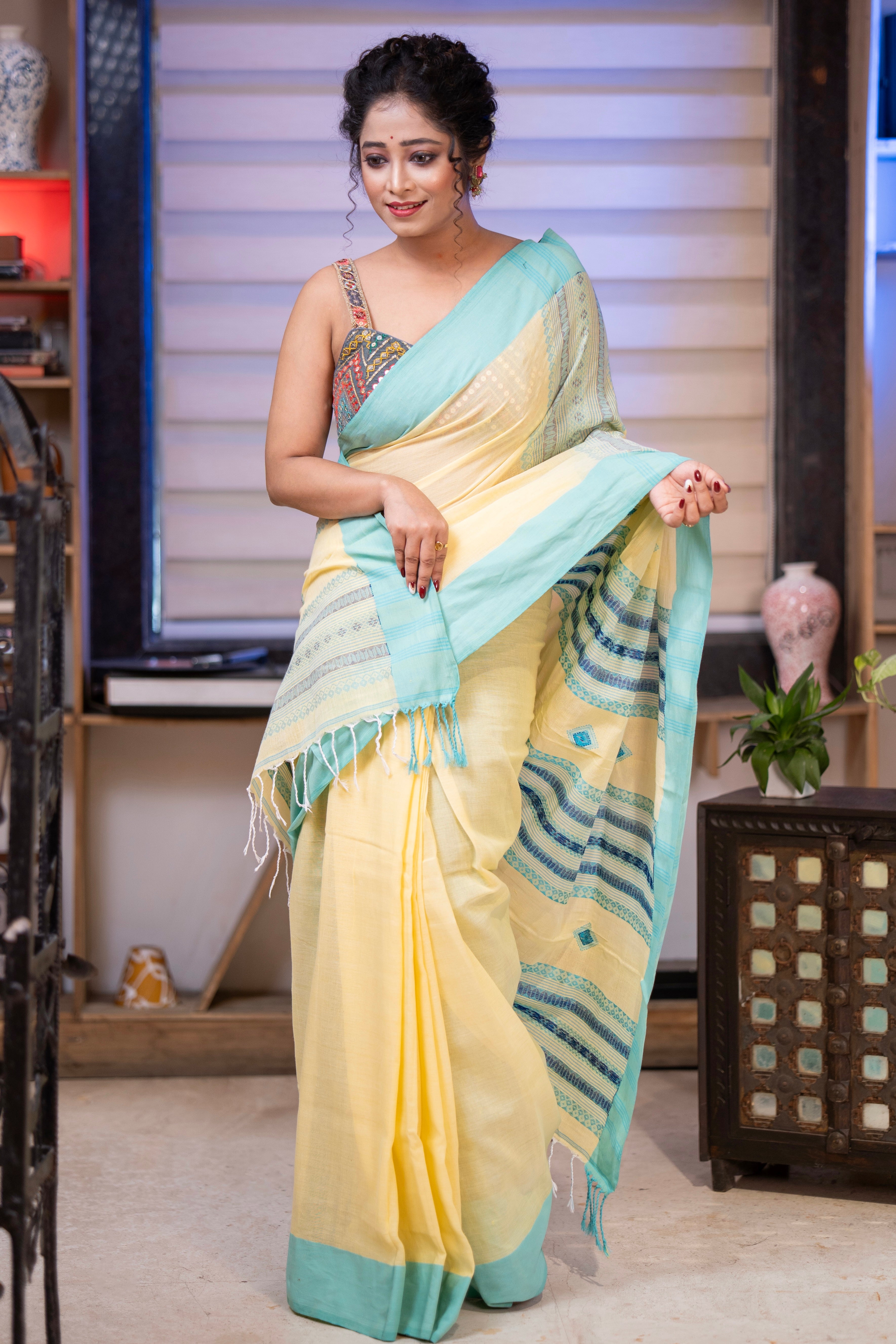 Premium Assam Khadi Cotton Handwoven Saree- Yellow