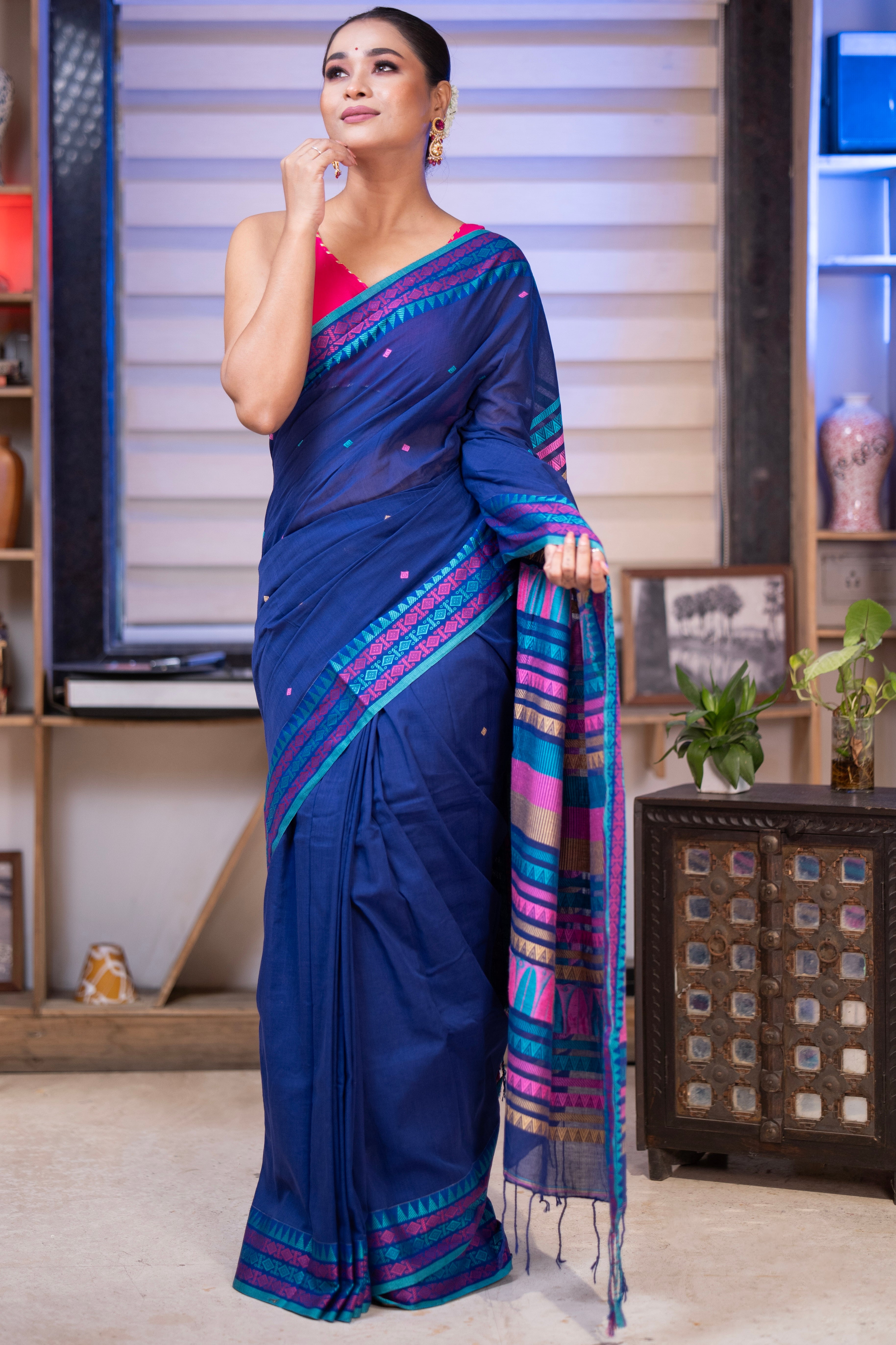Pure Masrise Cotton Handwoven Saree-Royal Blue