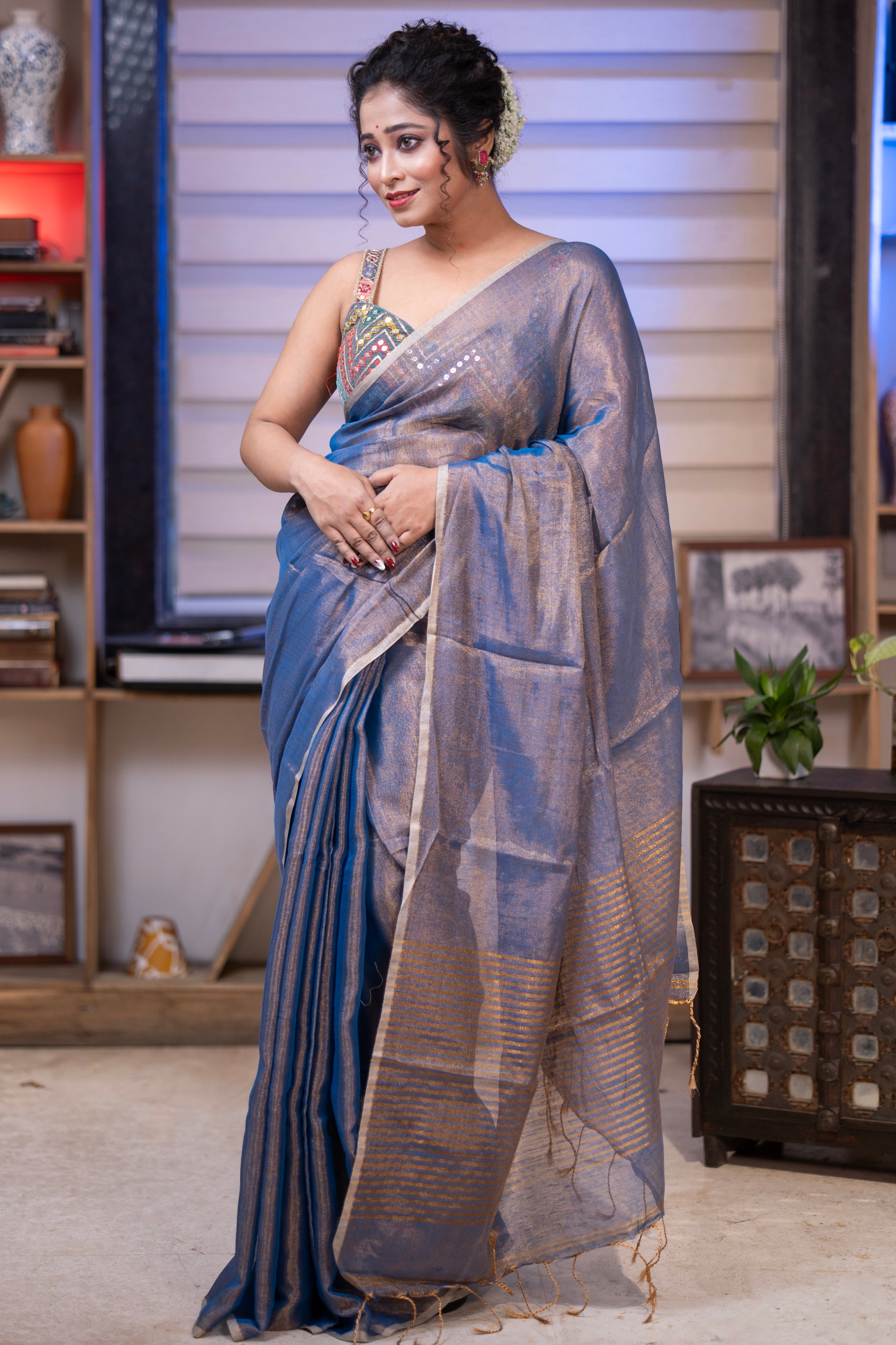 Silver Blue Dual Tone Tissue Saree
