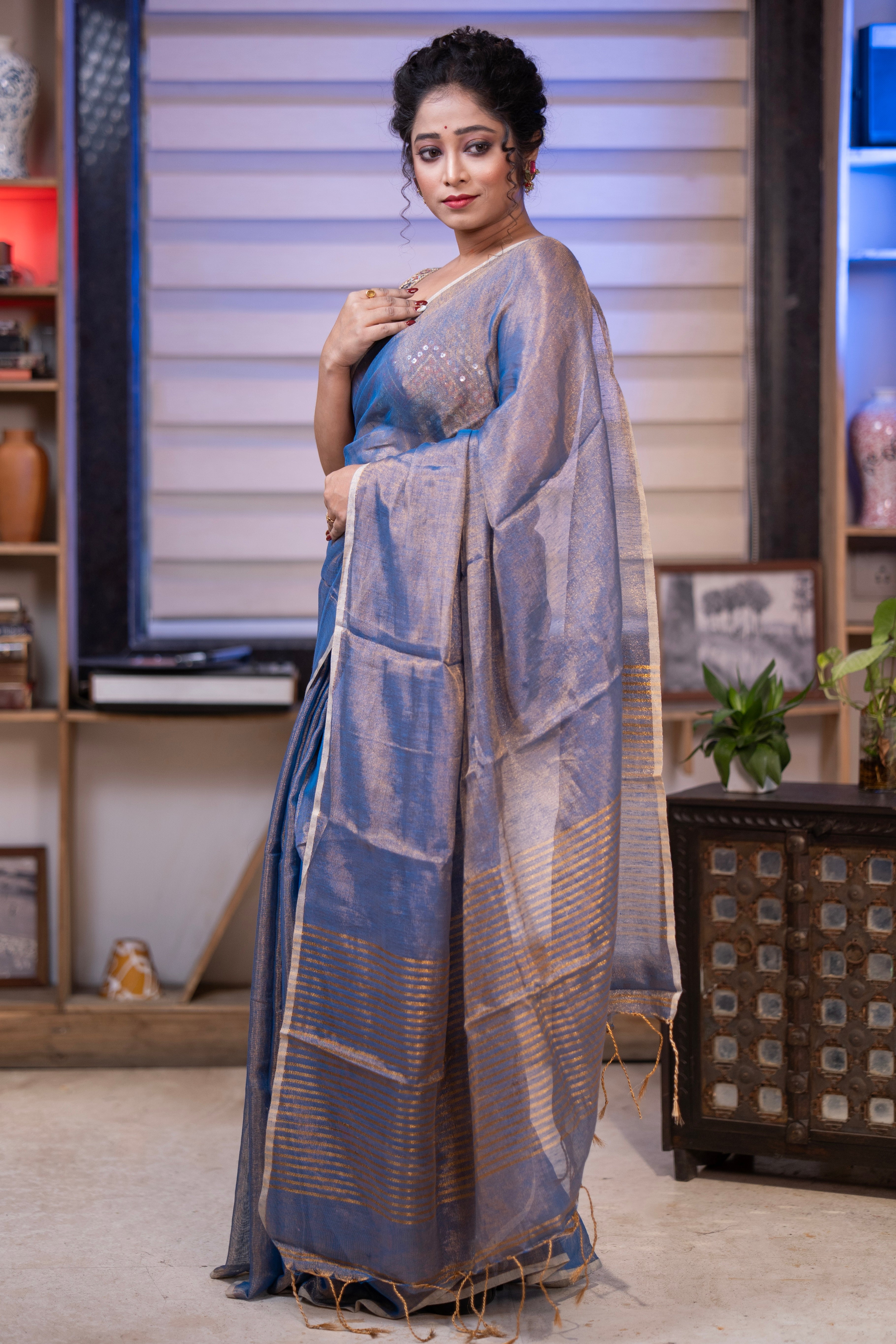 Silver Blue Dual Tone Tissue Saree