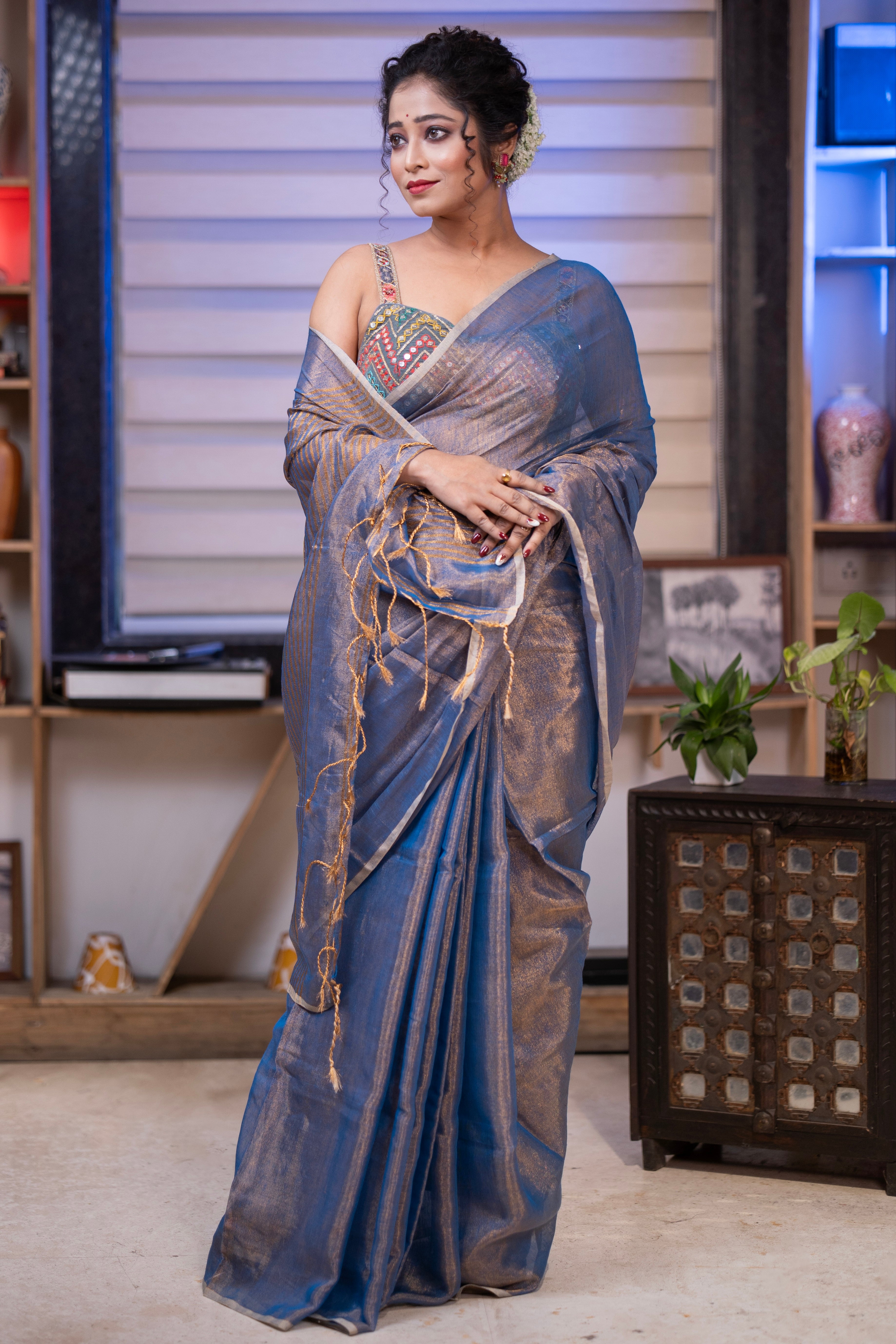 Silver Blue Dual Tone Tissue Saree