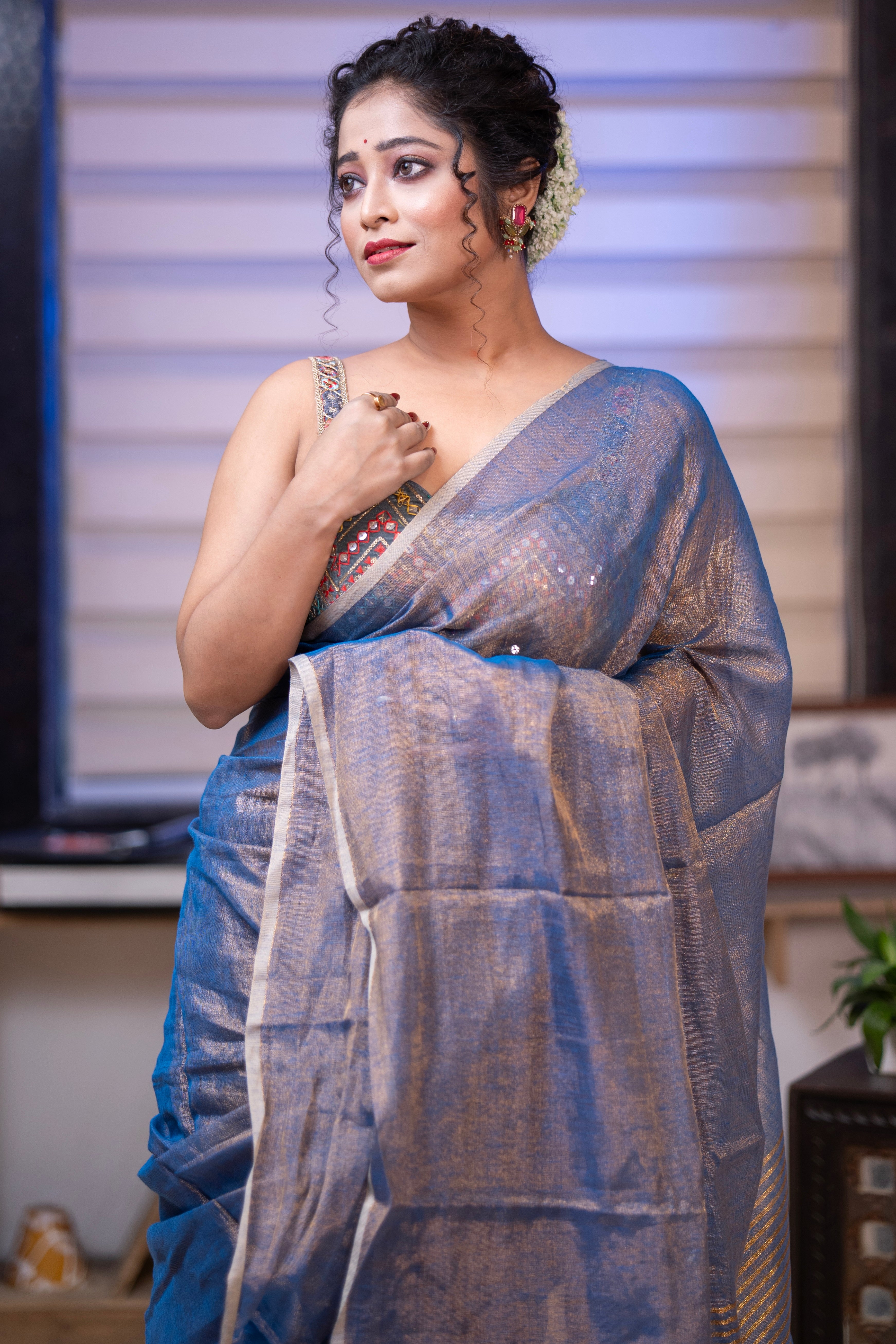 Silver Blue Dual Tone Tissue Saree