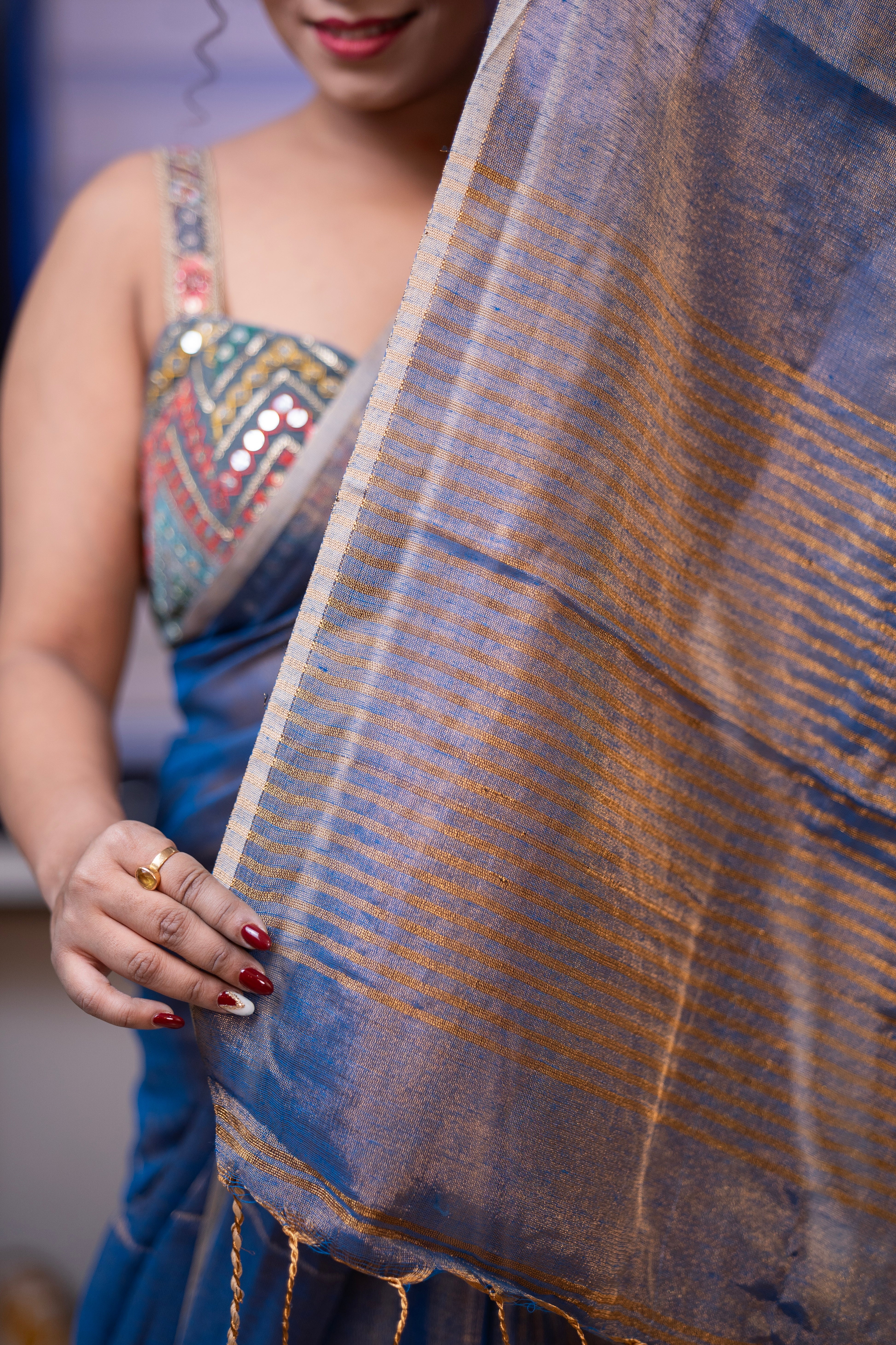 Silver Blue Dual Tone Tissue Saree