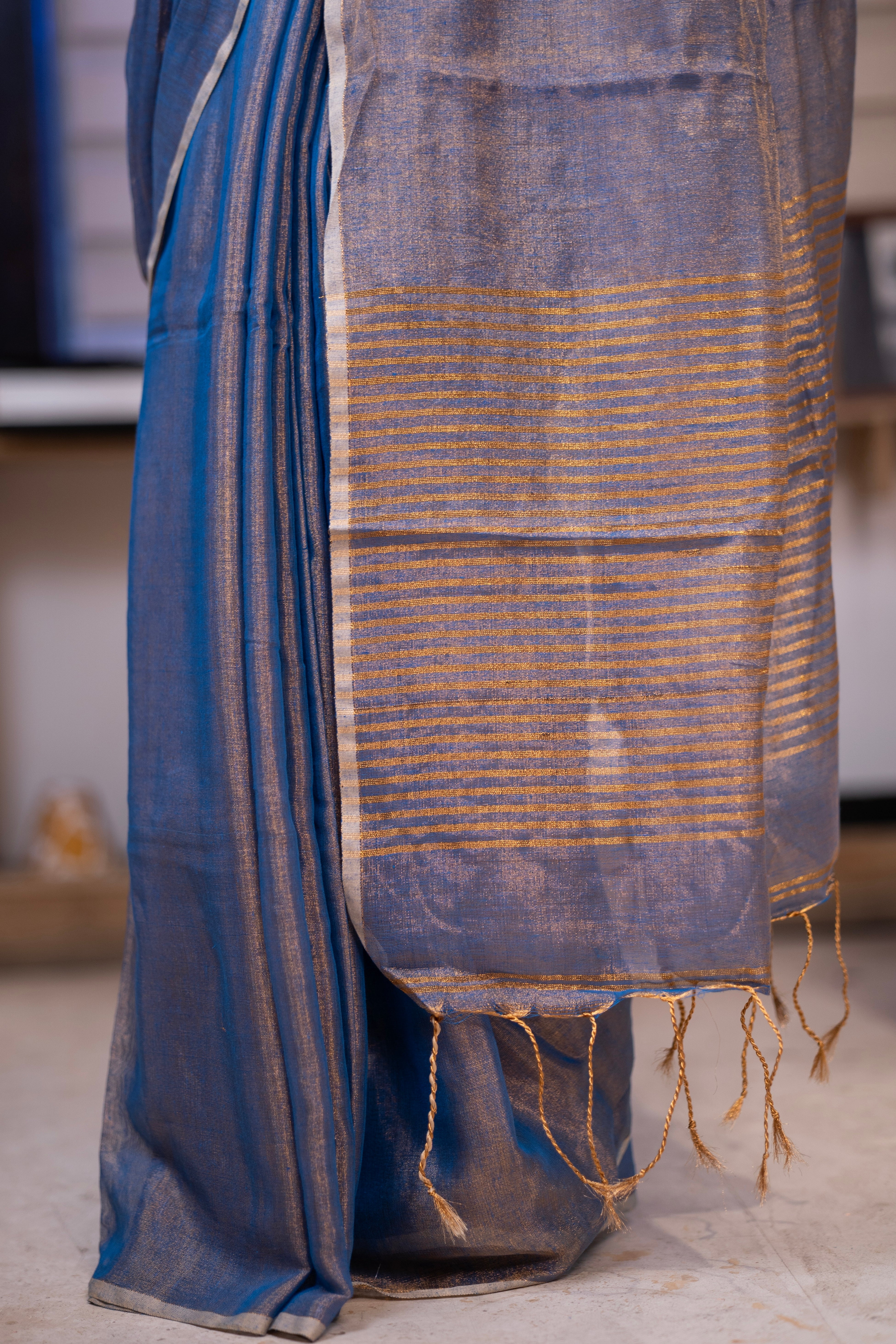 Silver Blue Dual Tone Tissue Saree
