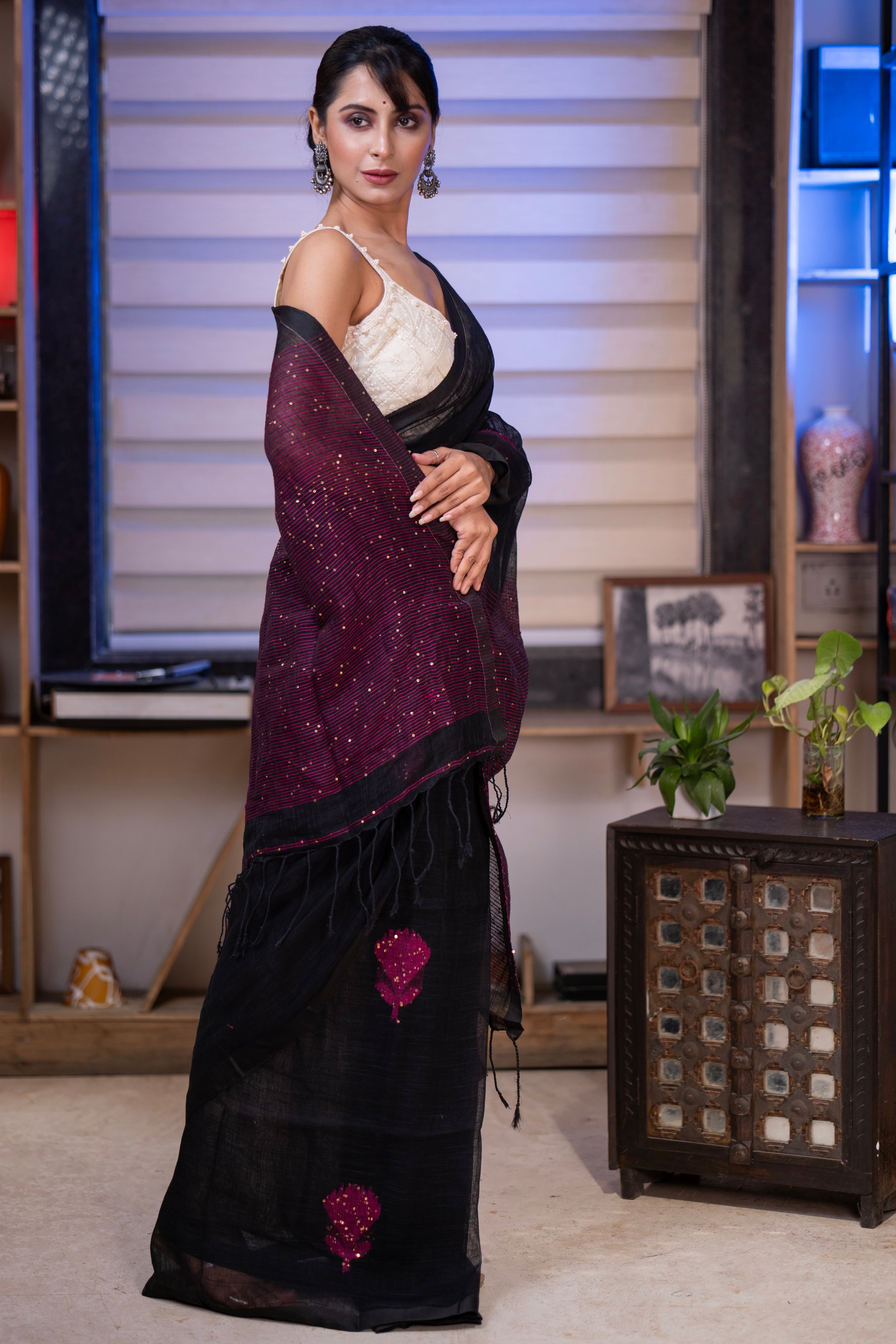 Black Rose Handwoven Linen Saree with Sequence Work