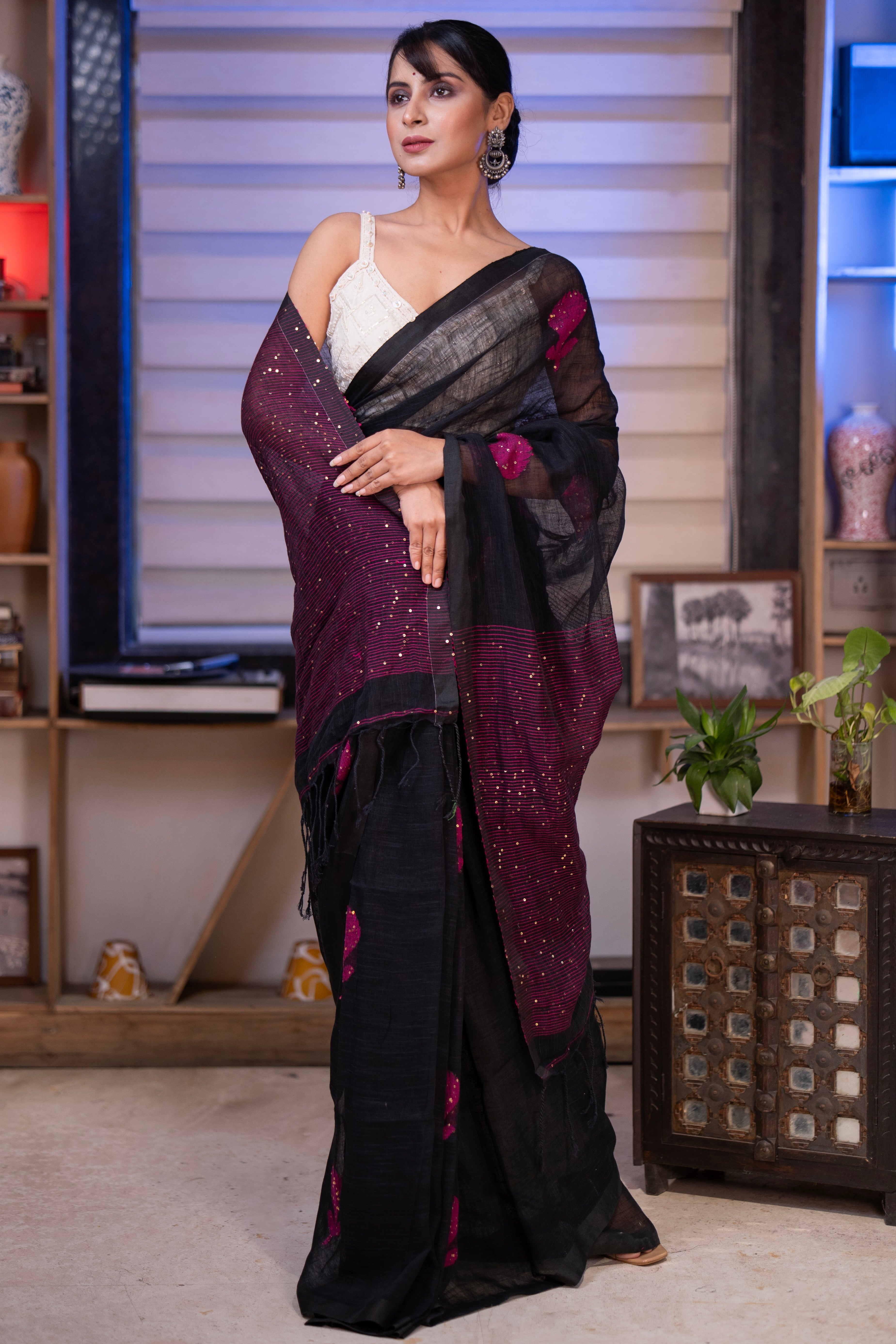 Black Rose Handwoven Linen Saree with Sequence Work