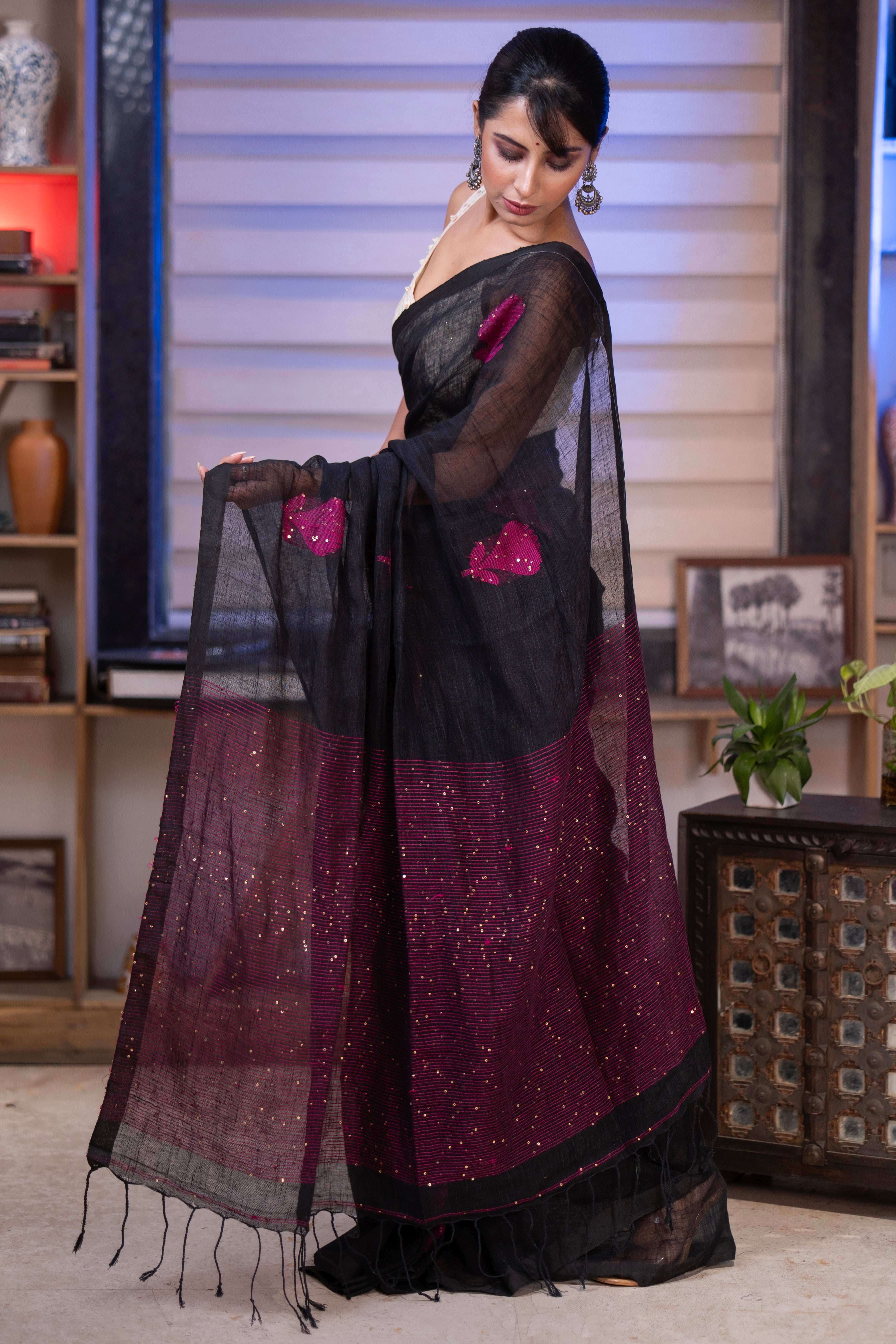Black Rose Handwoven Linen Saree with Sequence Work