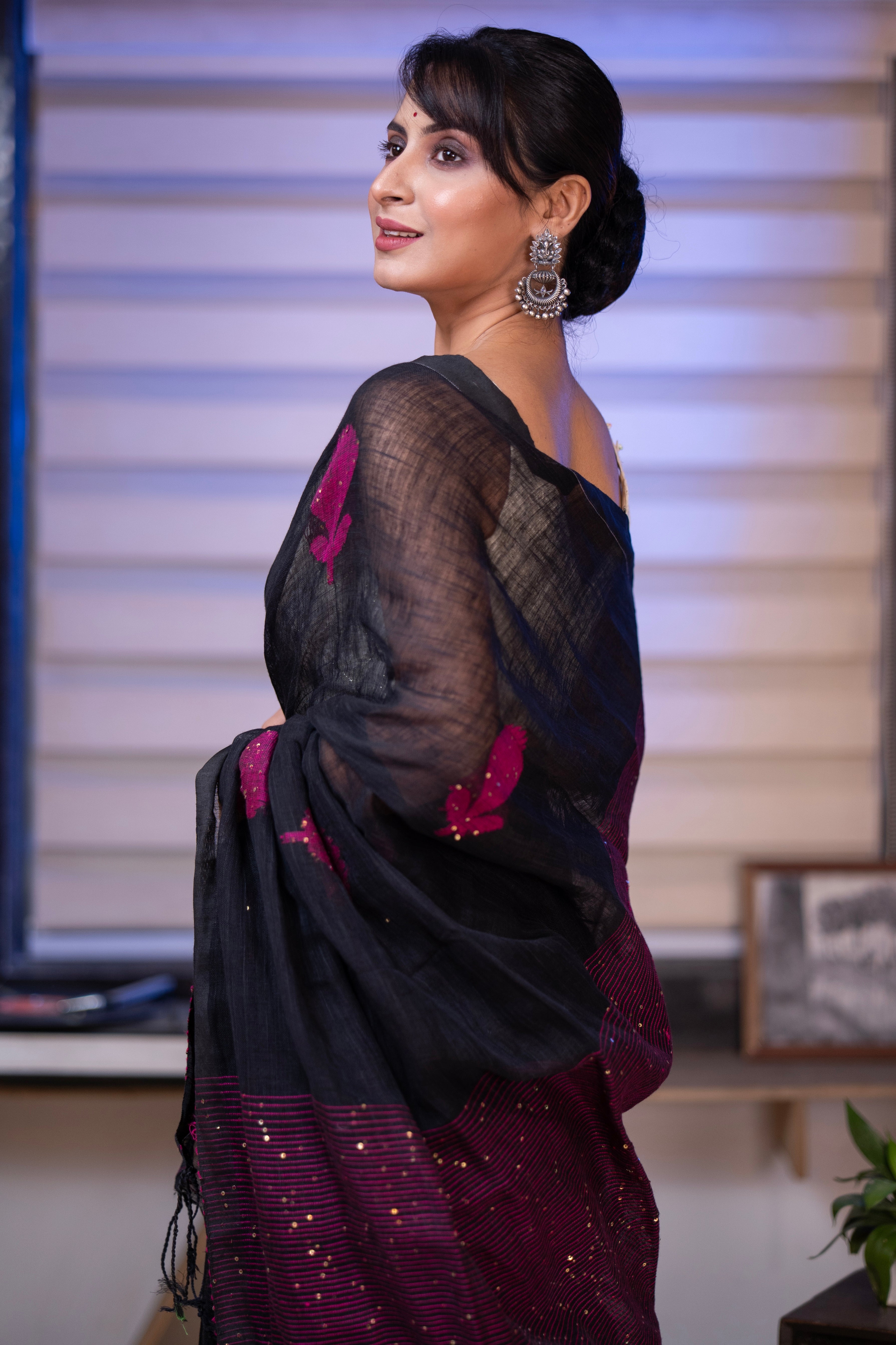 Black Rose Handwoven Linen Saree with Sequence Work