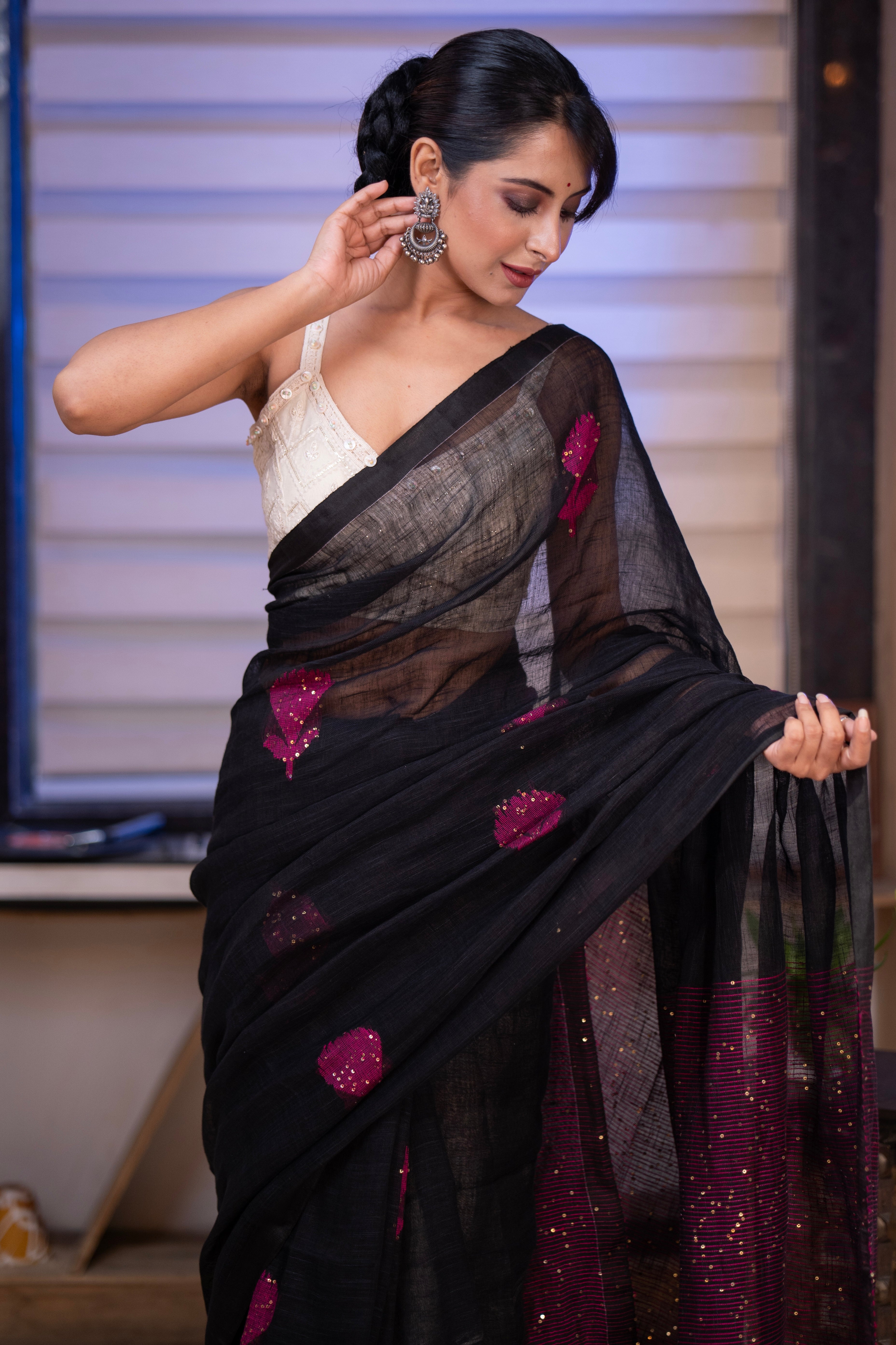 Black Rose Handwoven Linen Saree with Sequence Work