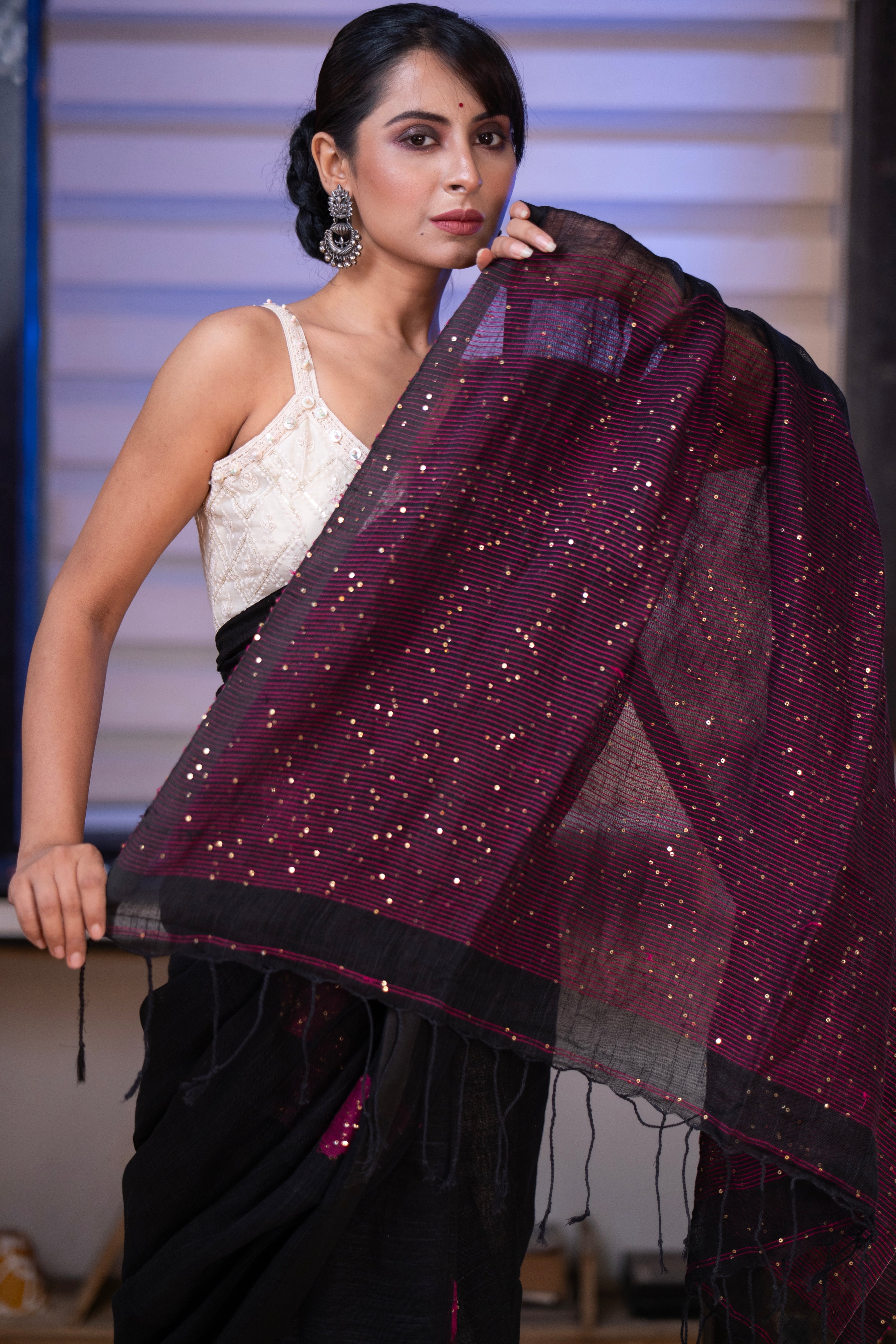 Black Rose Handwoven Linen Saree with Sequence Work
