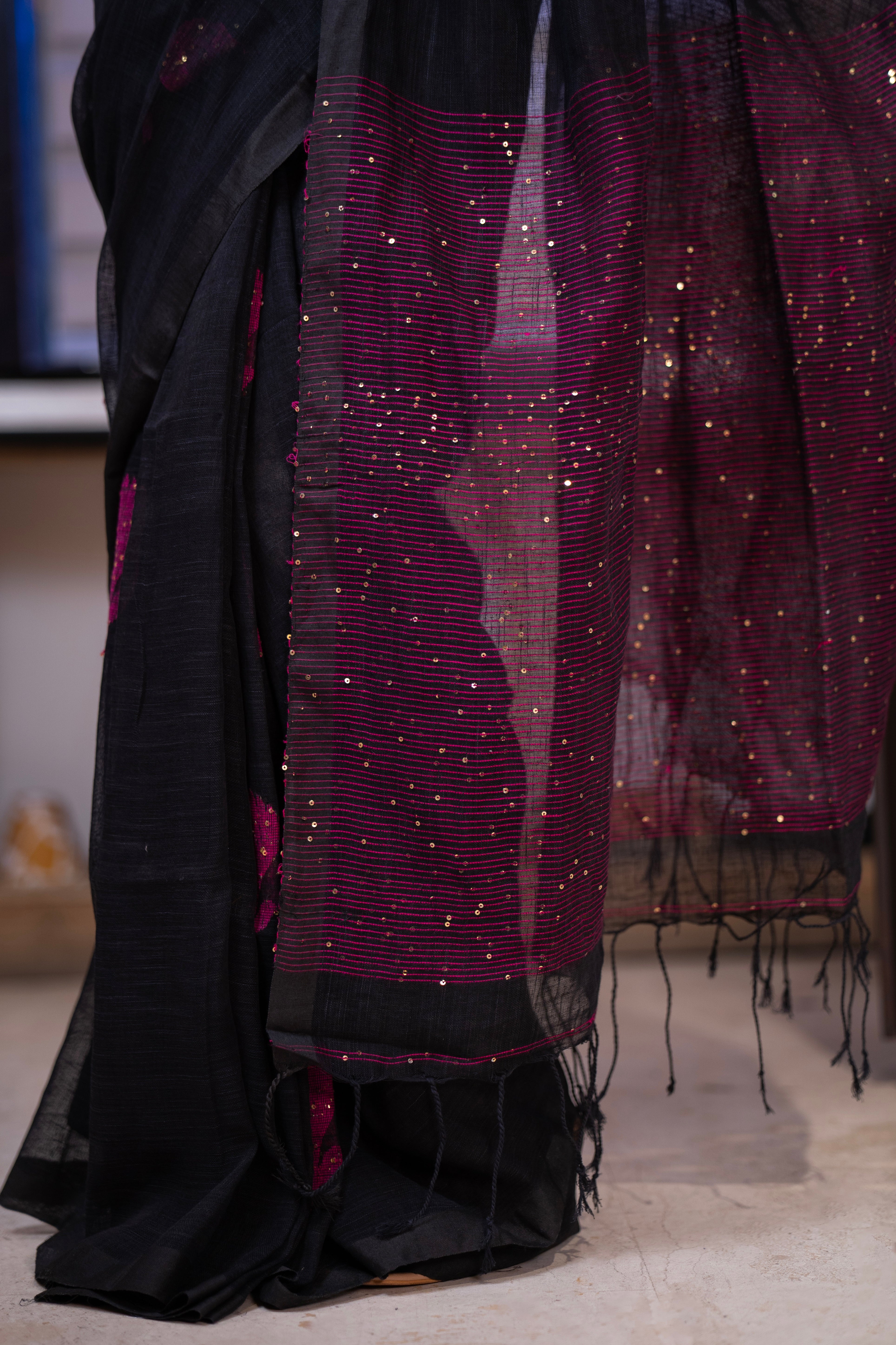 Black Rose Handwoven Linen Saree with Sequence Work