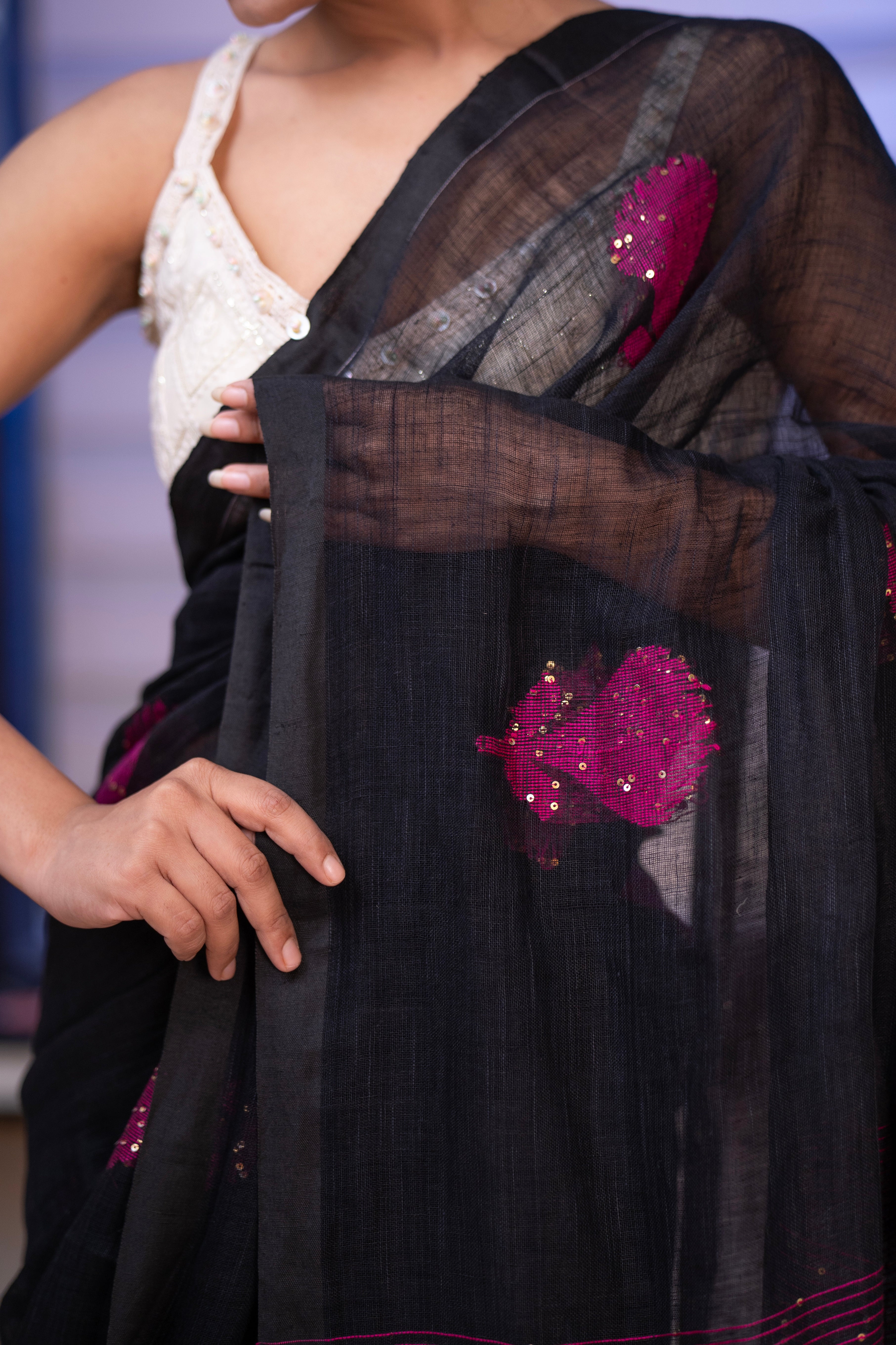 Black Rose Handwoven Linen Saree with Sequence Work