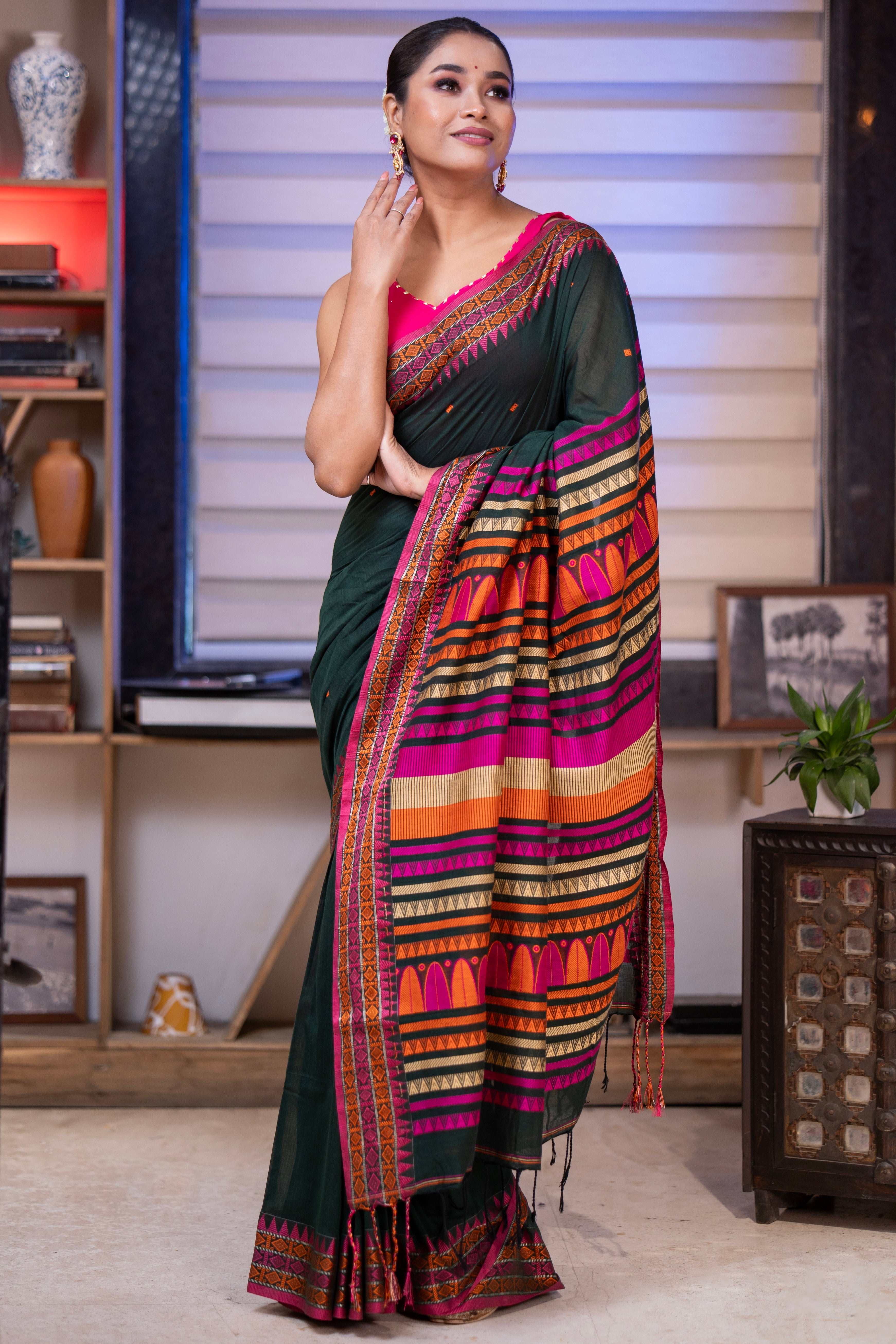Pure Masrise Cotton Handwoven Saree-Deep Green