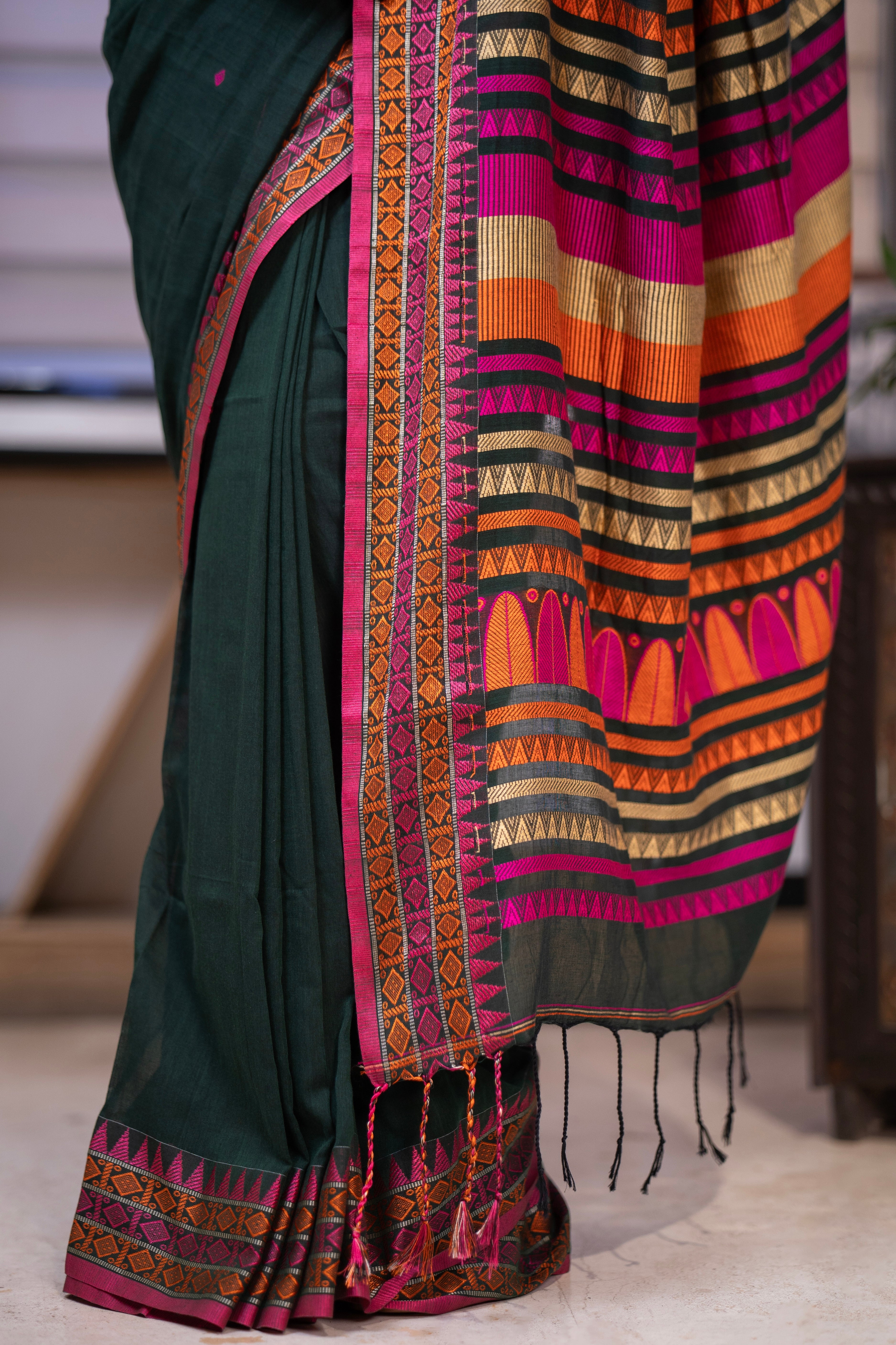 Pure Masrise Cotton Handwoven Saree-Deep Green