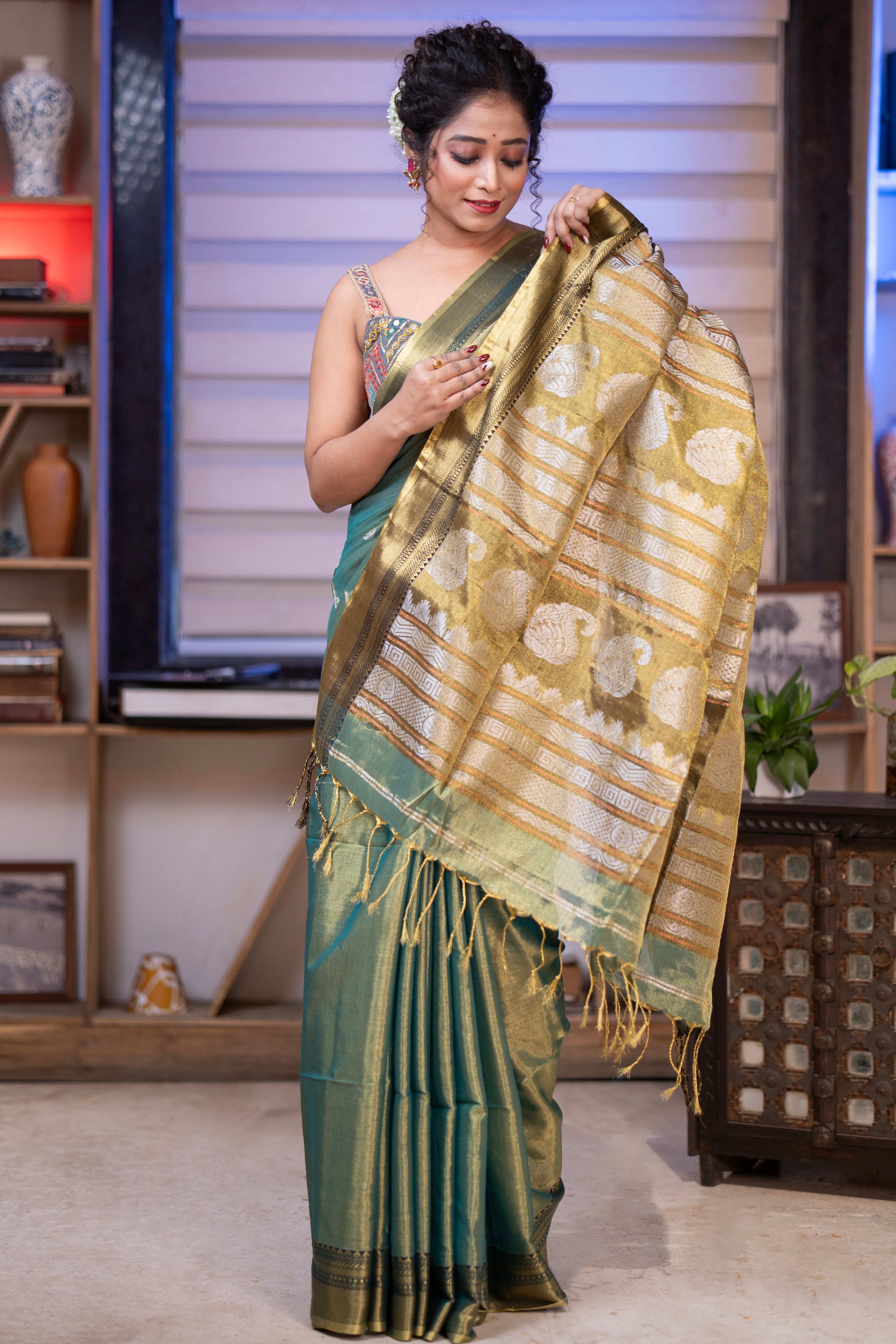 Olive Green Pure Tissue Linen Woven Jamdani Saree