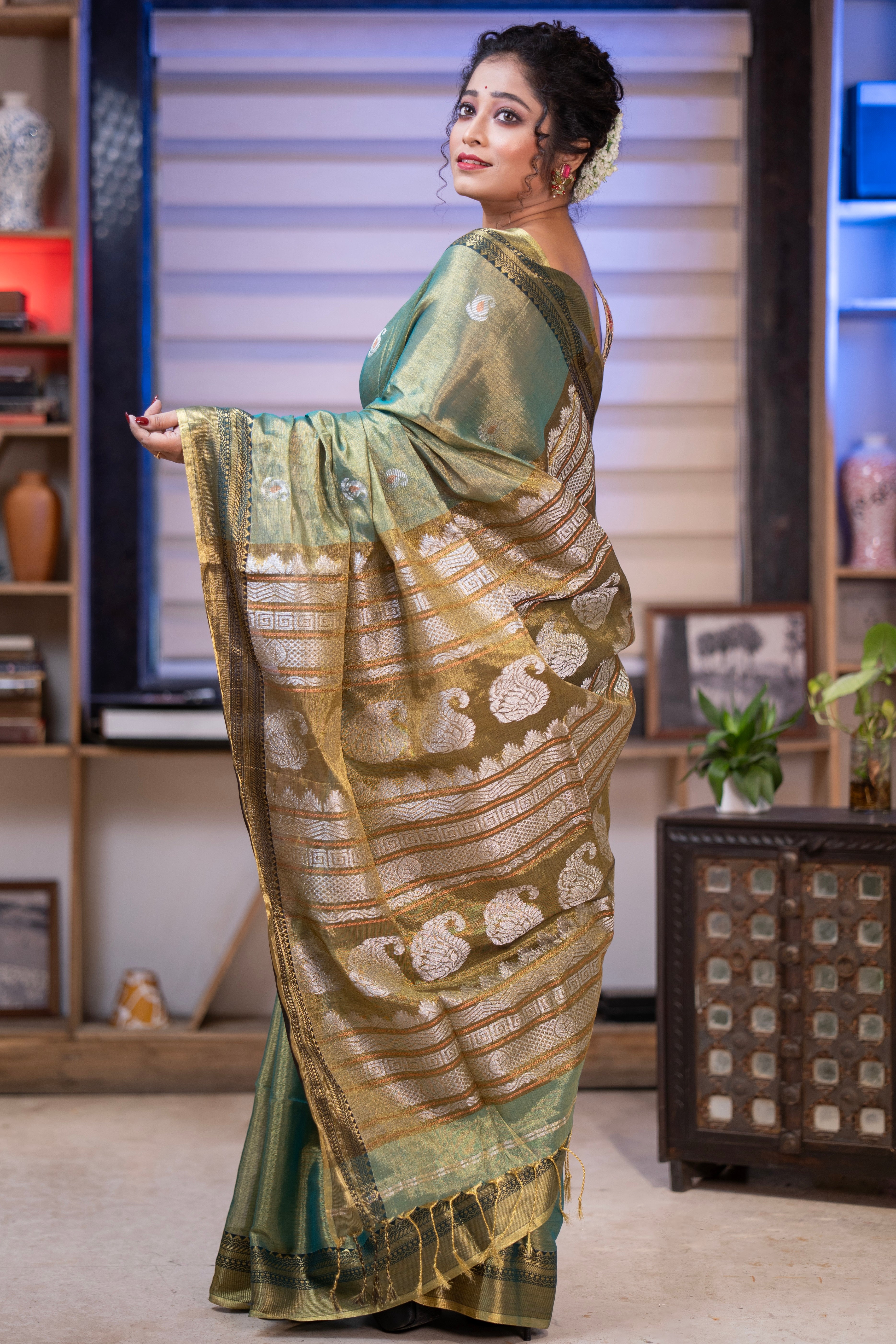Olive Green Pure Tissue Linen Woven Jamdani Saree