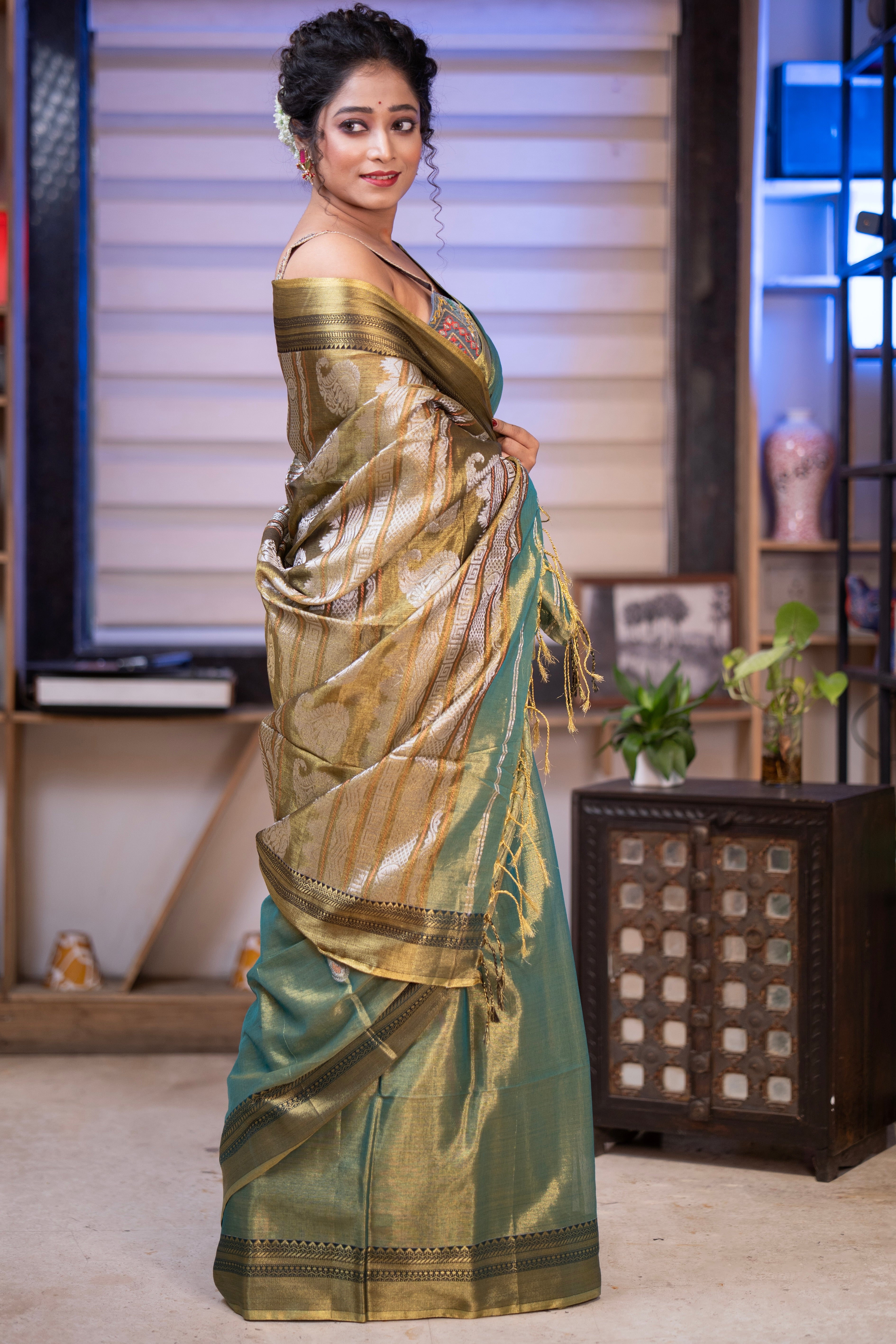 Olive Green Pure Tissue Linen Woven Jamdani Saree