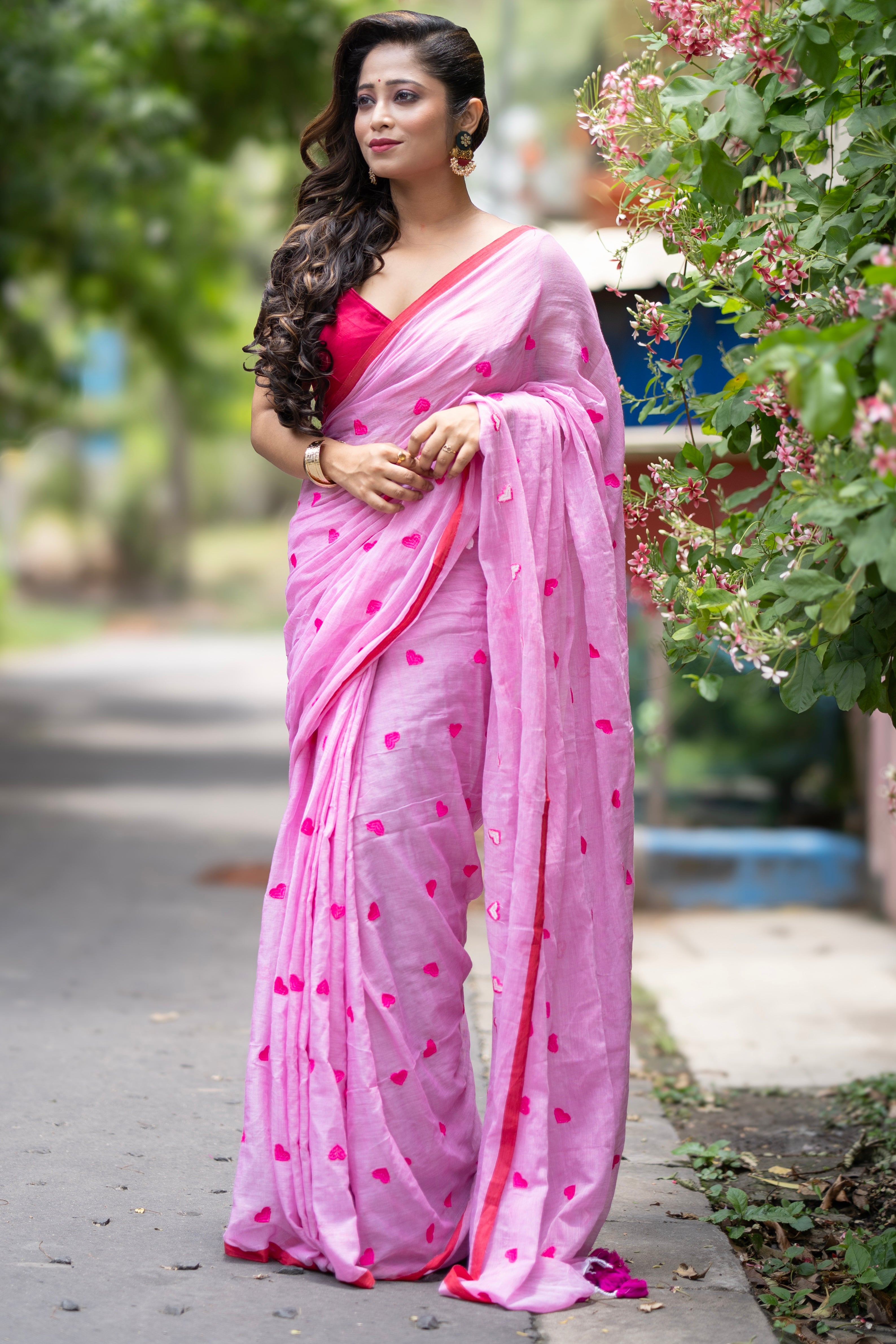 Pink Love embroidery Pure Mulmul Cotton Saree blouse piece