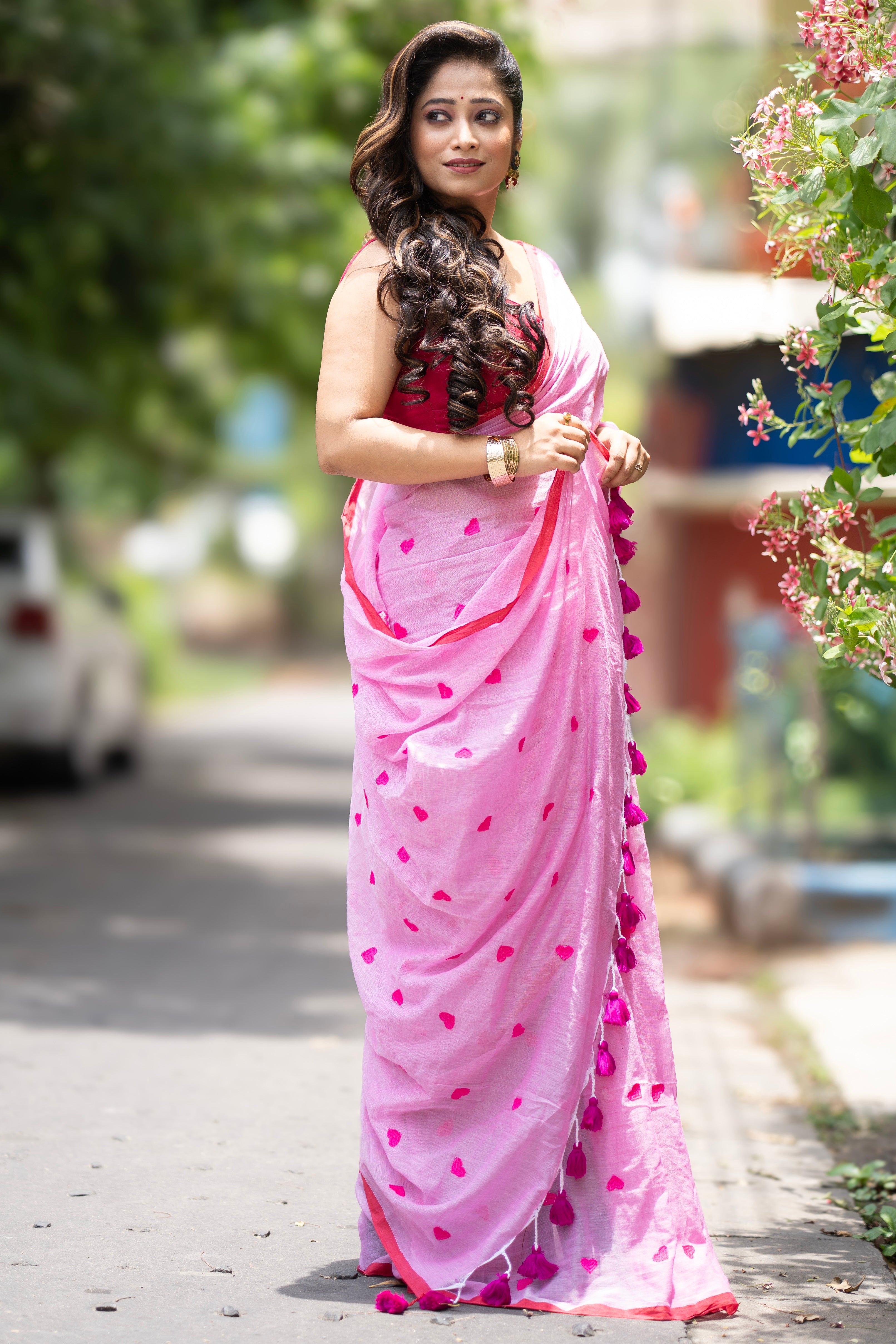 Pink Love embroidery Pure Mulmul Cotton Saree blouse piece