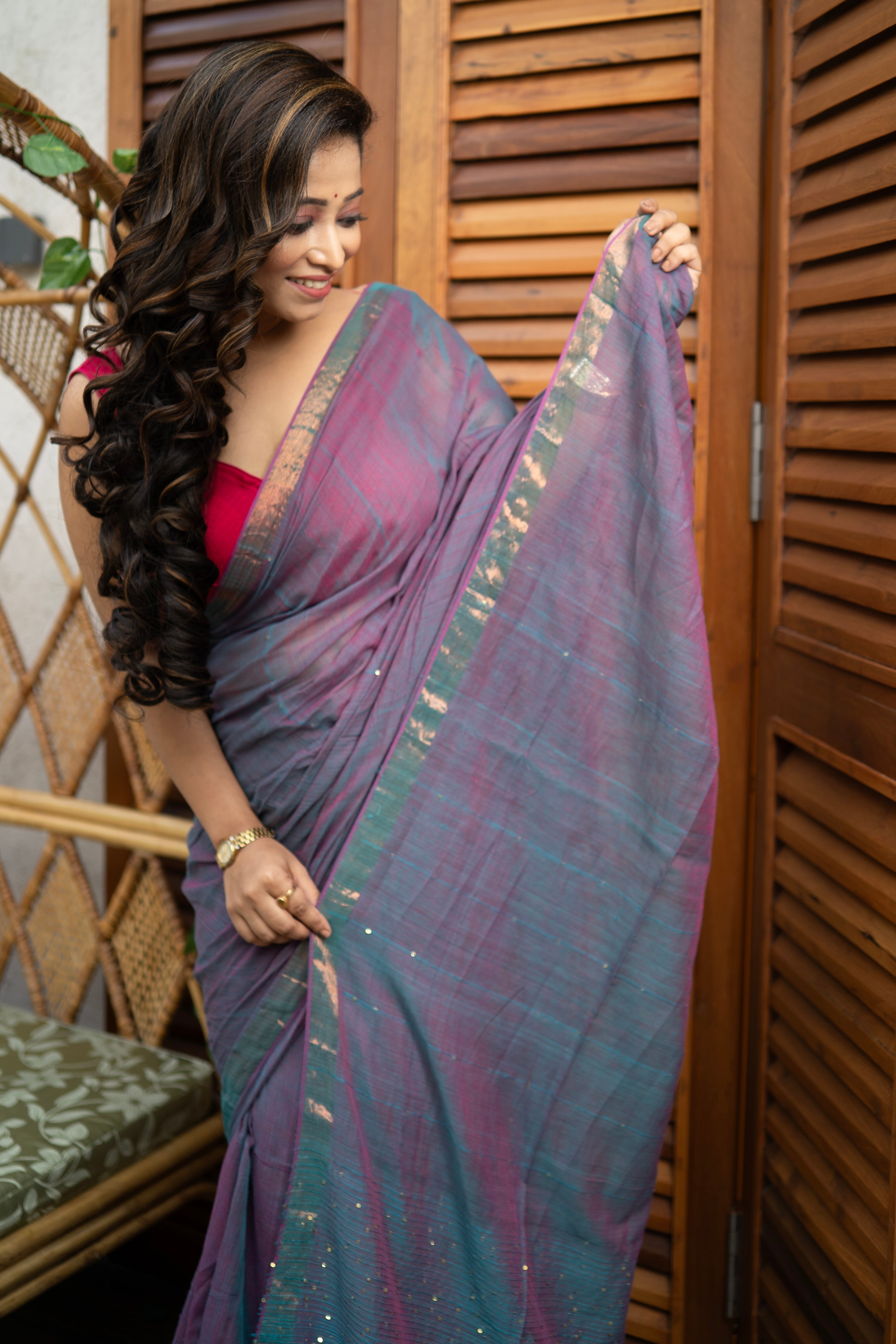 Blue Rani Mohini sequence work Dual Tone Mulmul Saree with blouse piece
