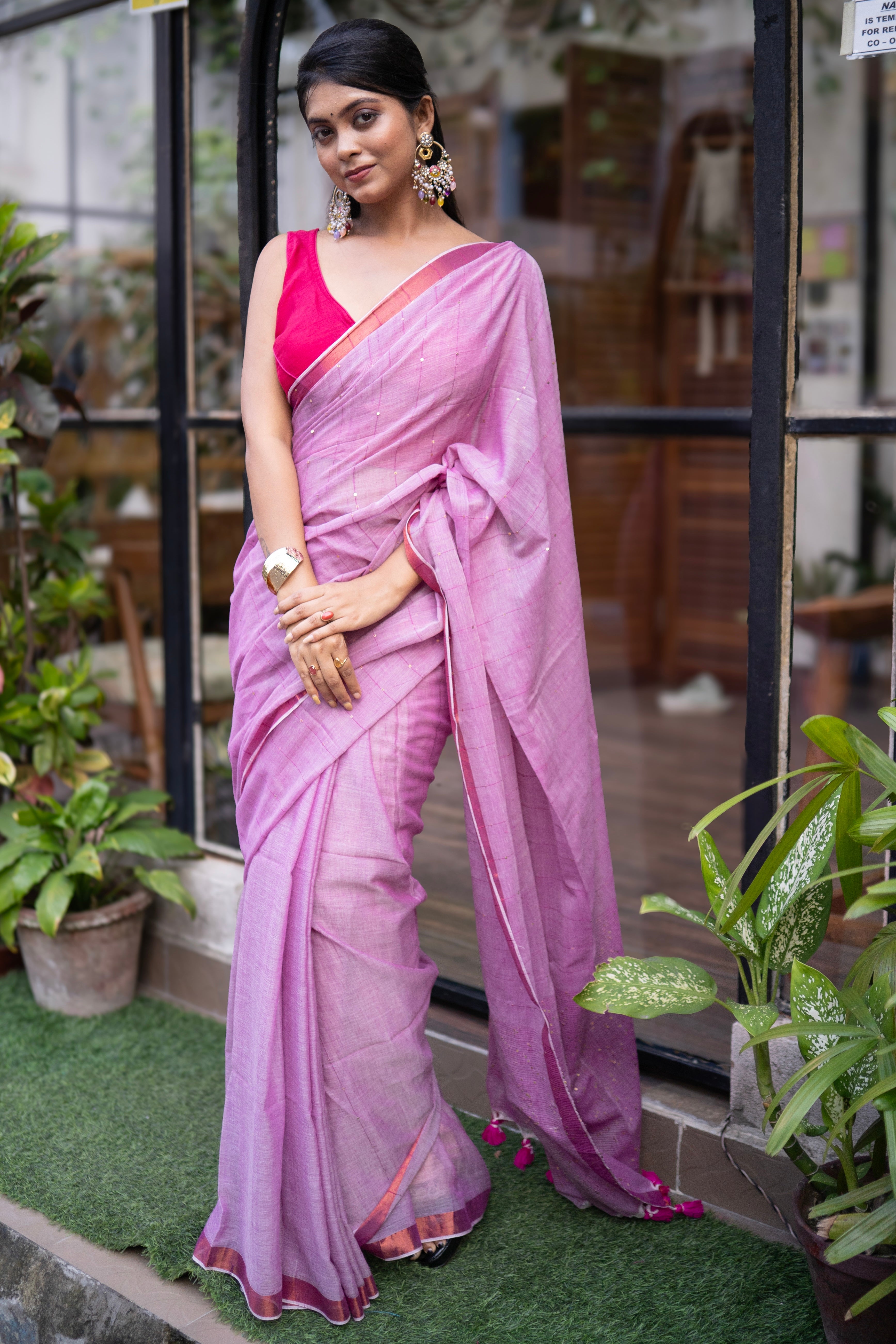 Taffy pink Mohini sequence work Mulmul Cotton Saree with blouse piece