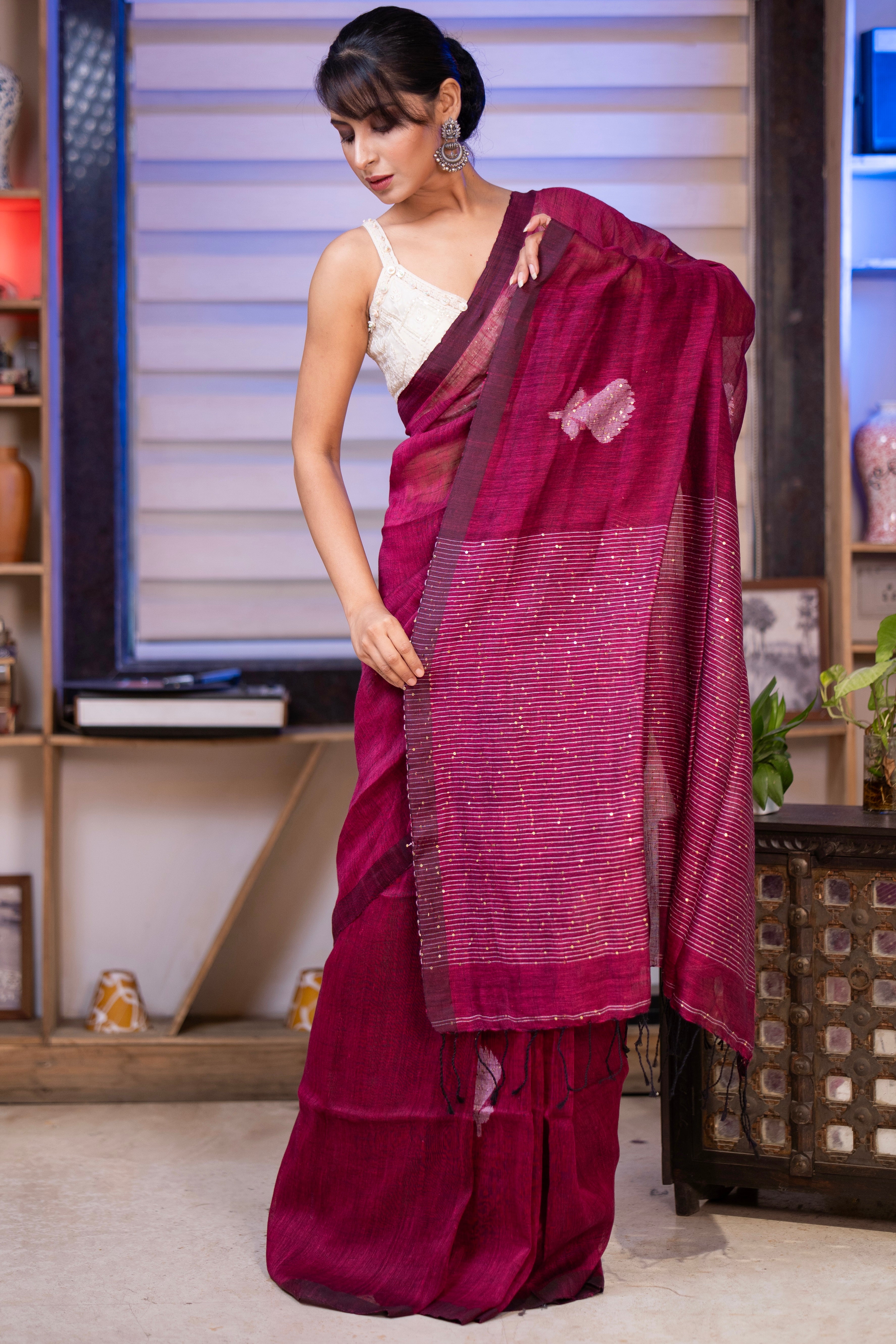 Jam Handwoven Linen Saree with Sequence Work