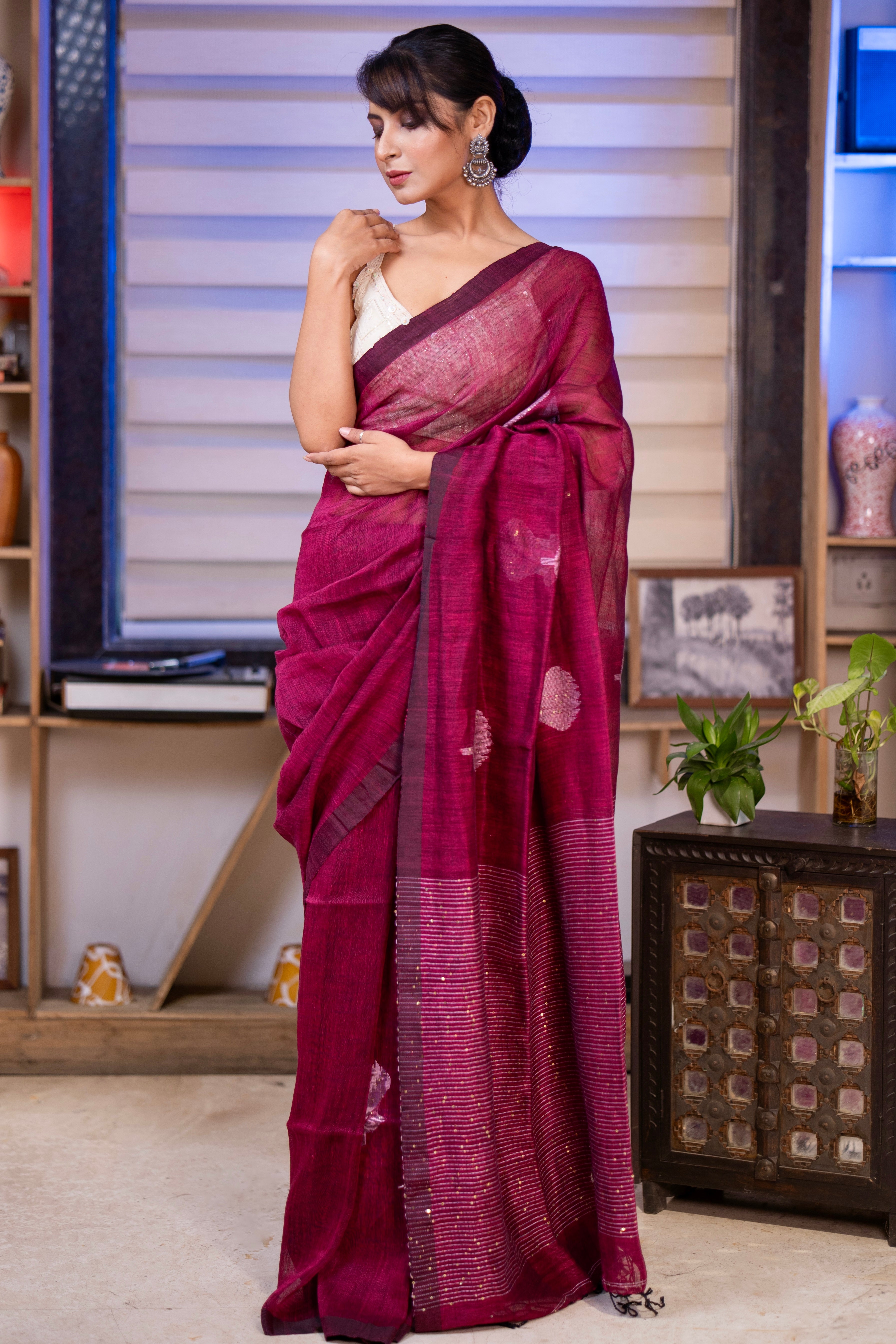Jam Handwoven Linen Saree with Sequence Work