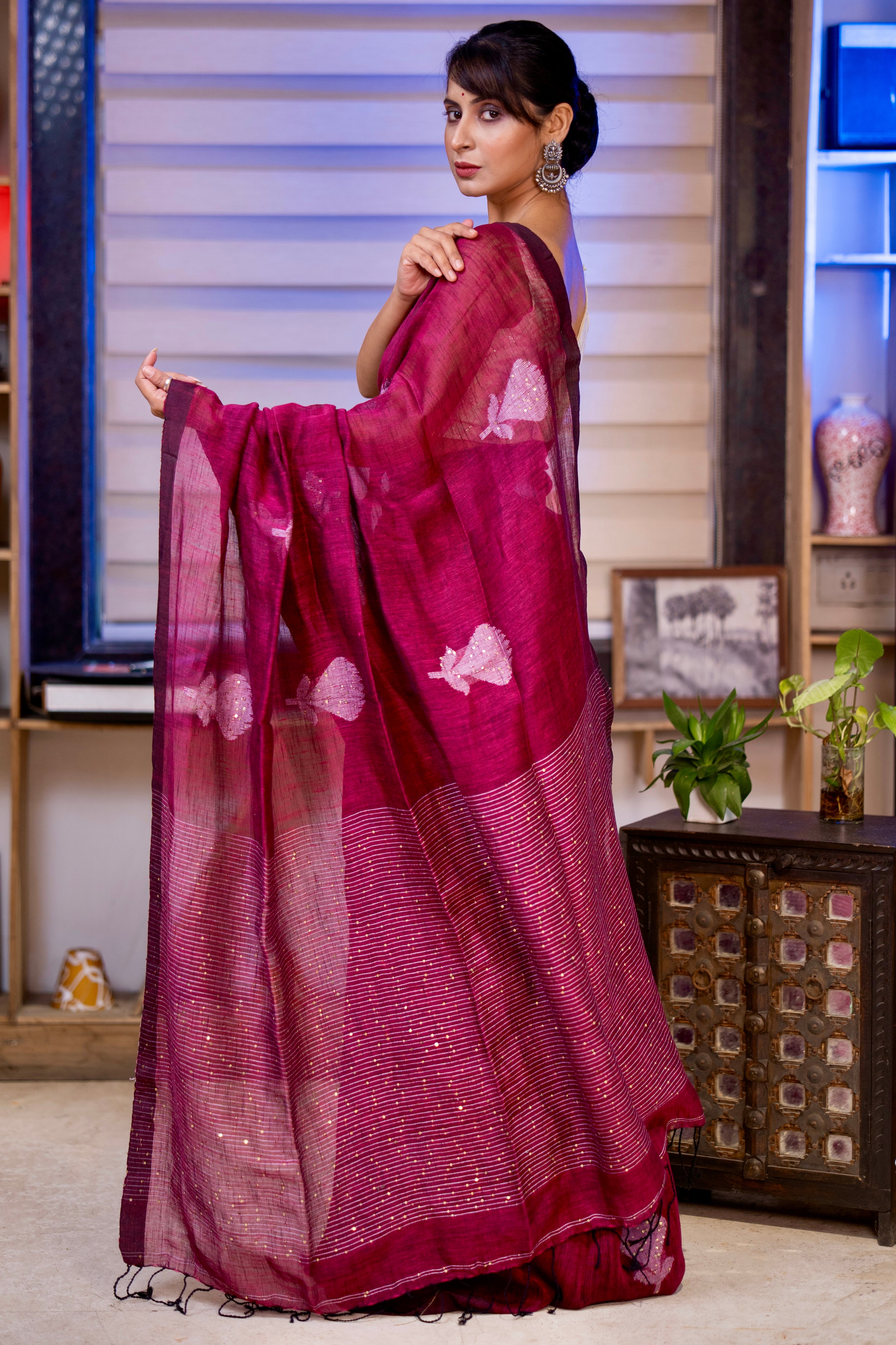 Jam Handwoven Linen Saree with Sequence Work