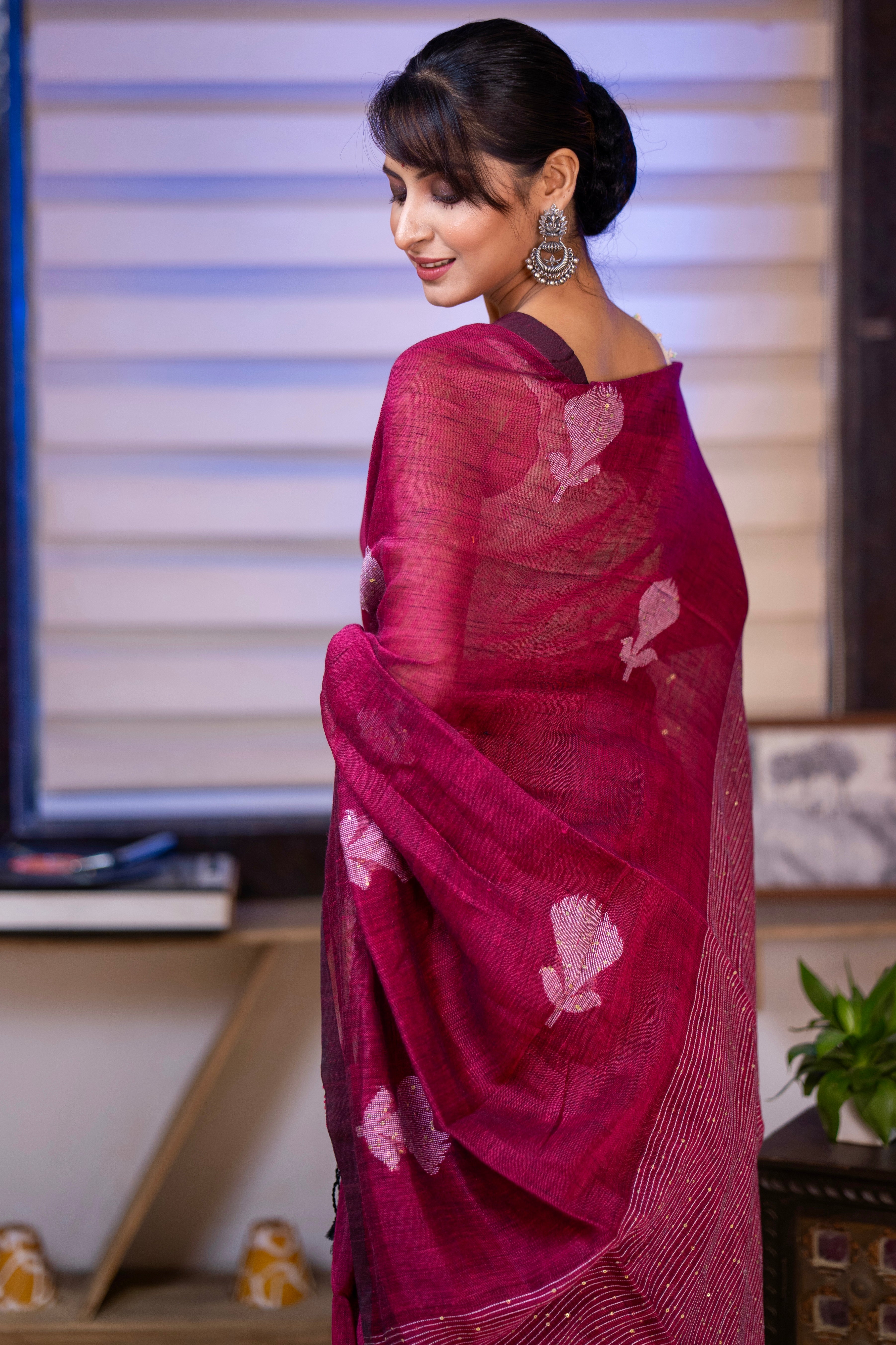 Jam Handwoven Linen Saree with Sequence Work