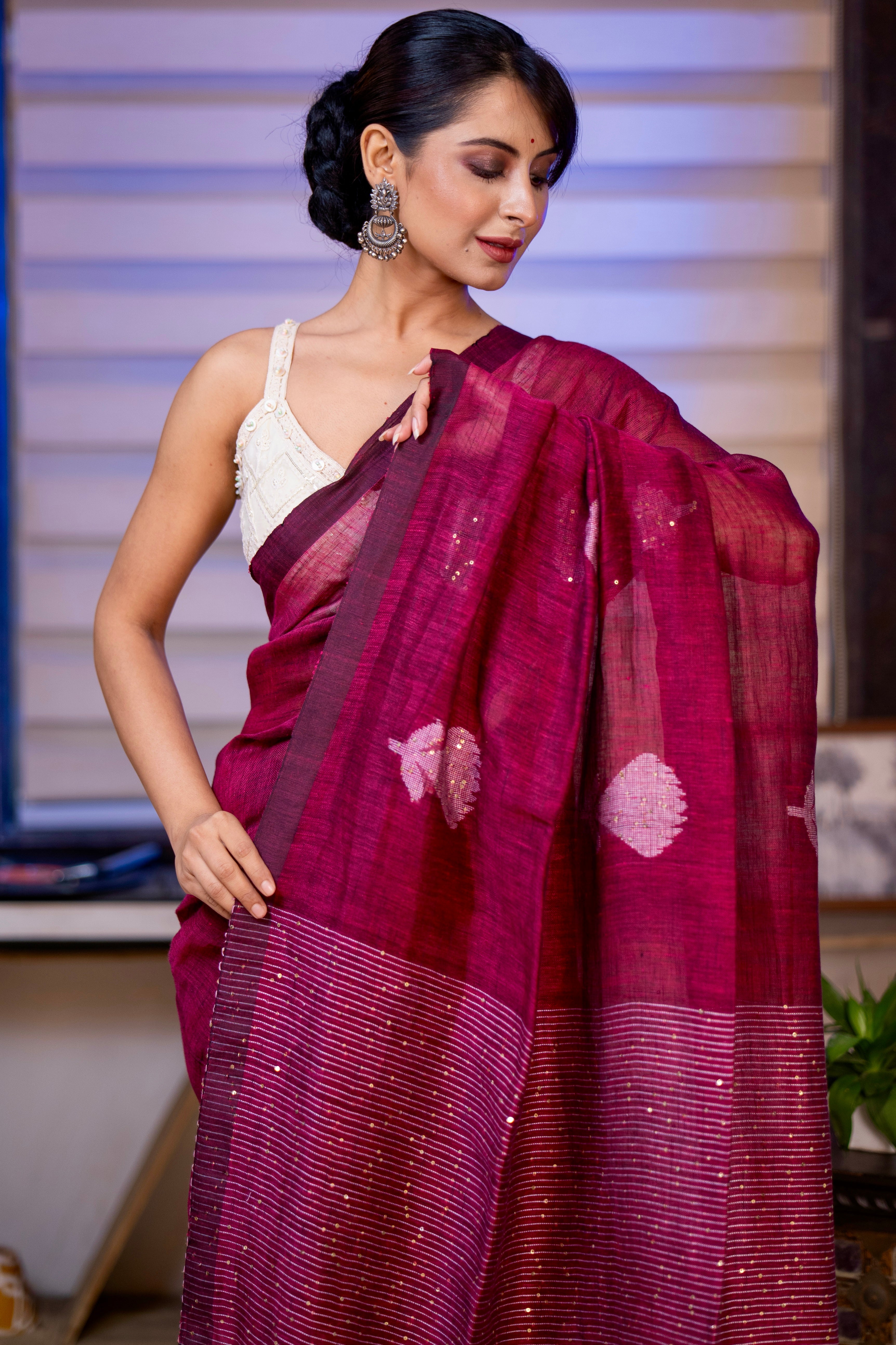 Jam Handwoven Linen Saree with Sequence Work