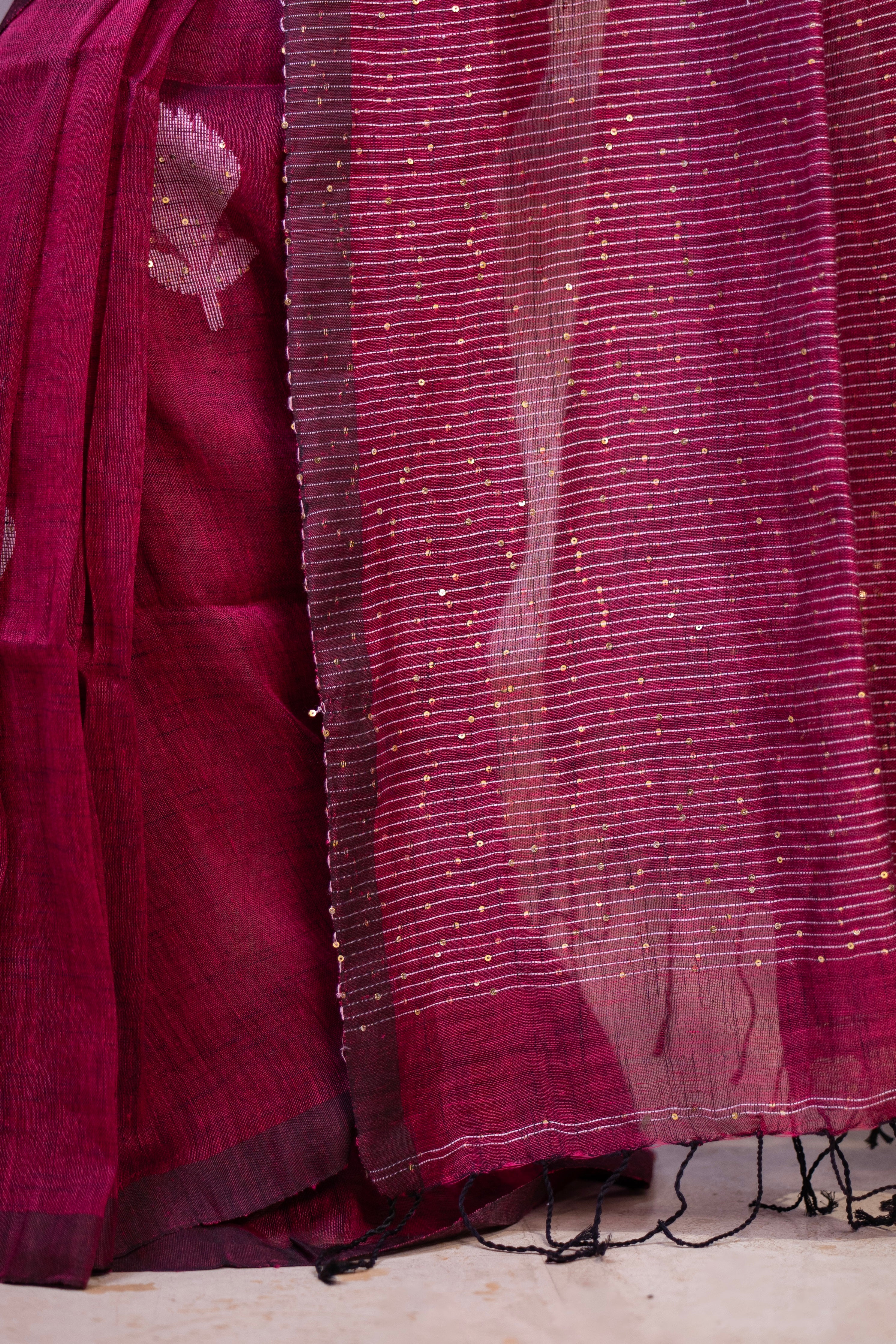 Jam Handwoven Linen Saree with Sequence Work