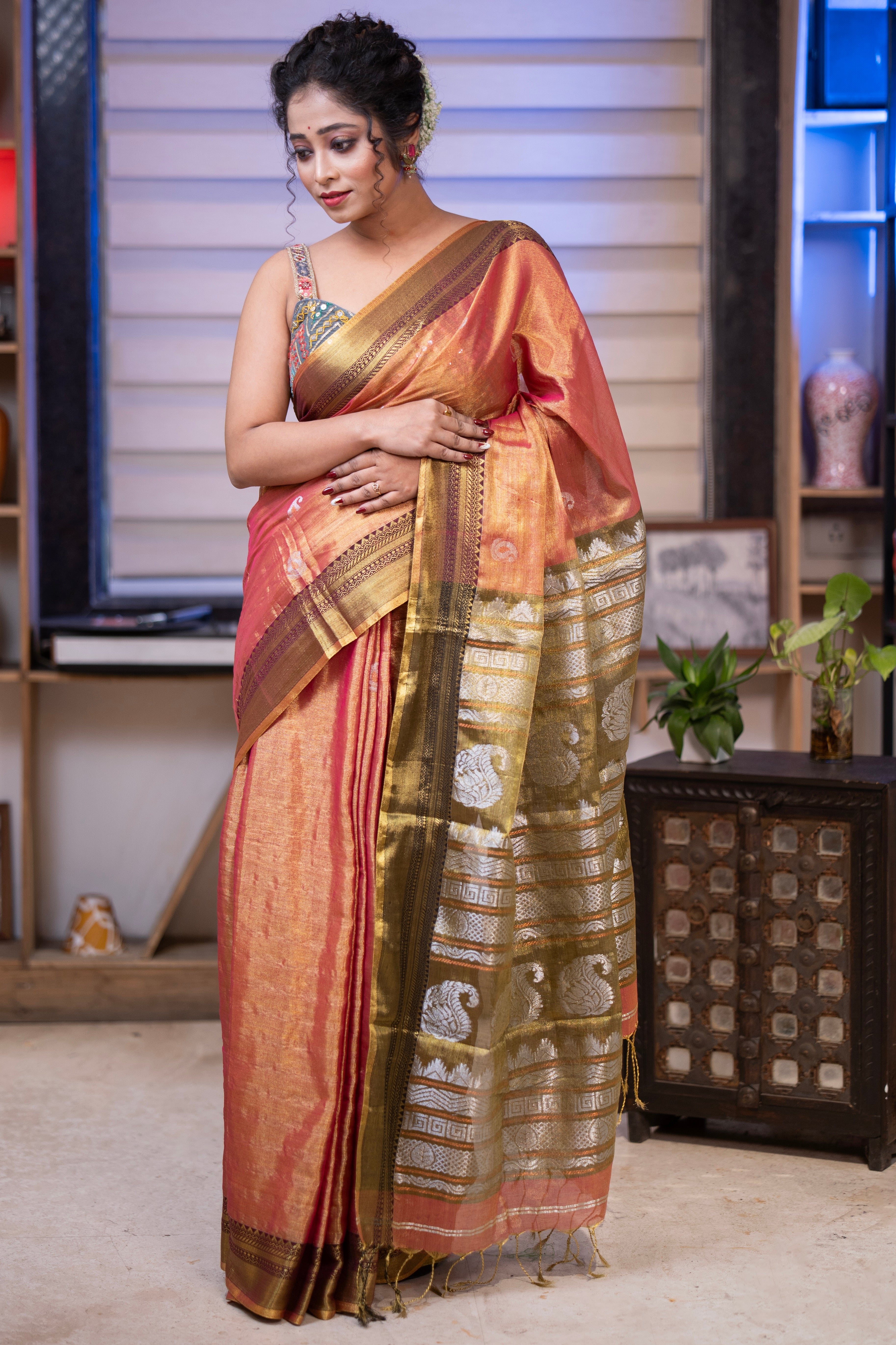 Metallic Orange Pure Tissue Linen Hand Woven Jamdani Saree