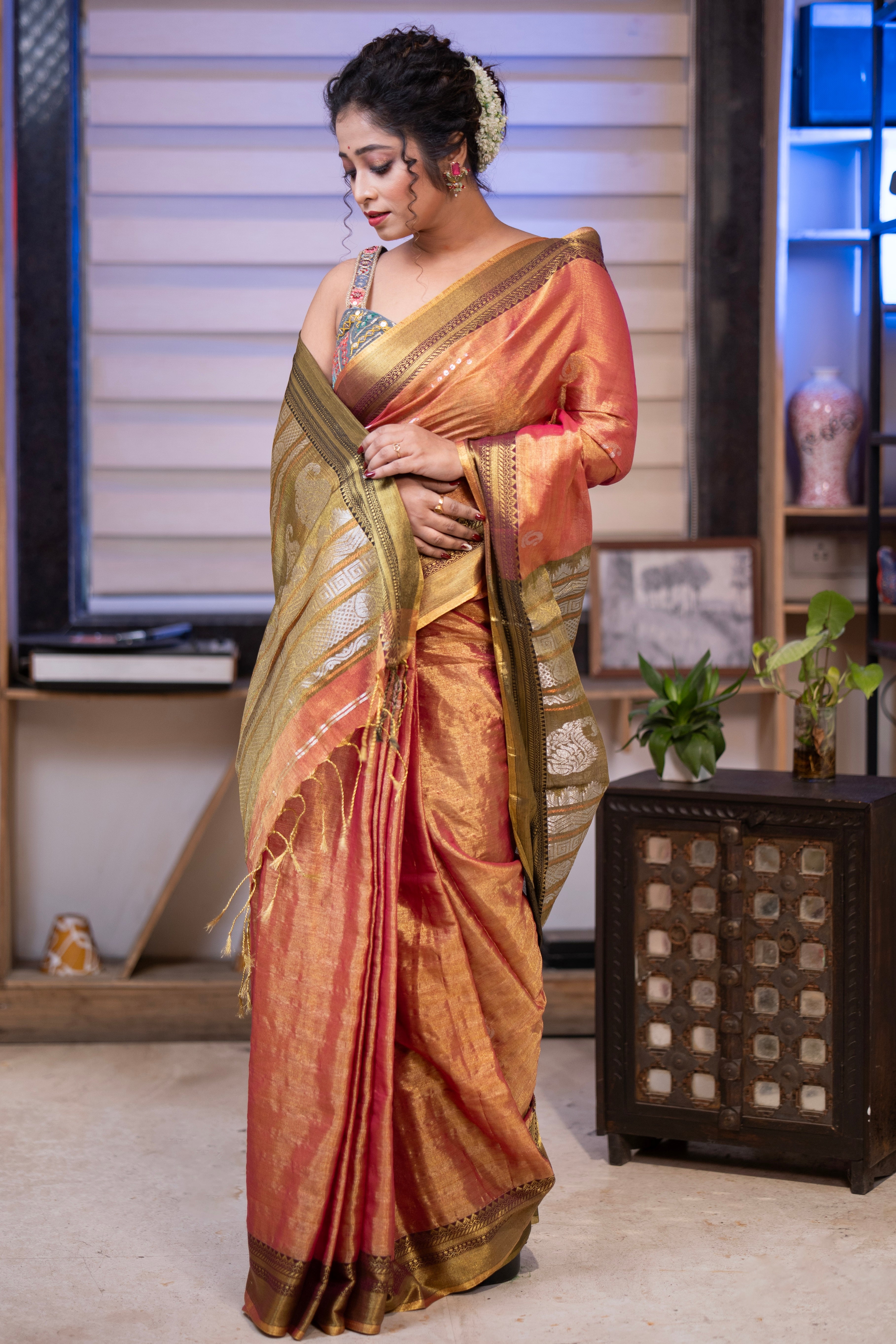 Metallic Orange Pure Tissue Linen Hand Woven Jamdani Saree