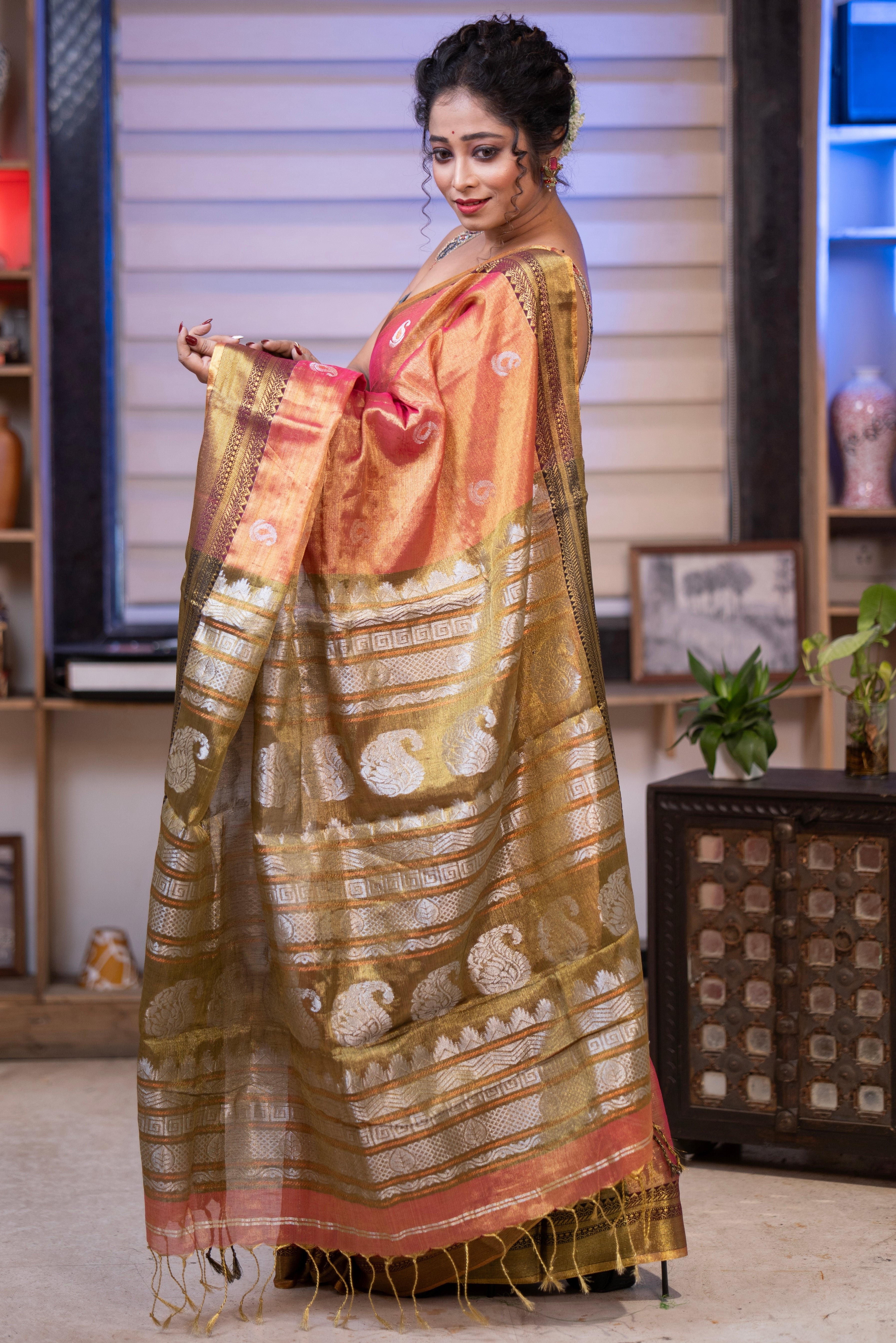 Metallic Orange Pure Tissue Linen Hand Woven Jamdani Saree