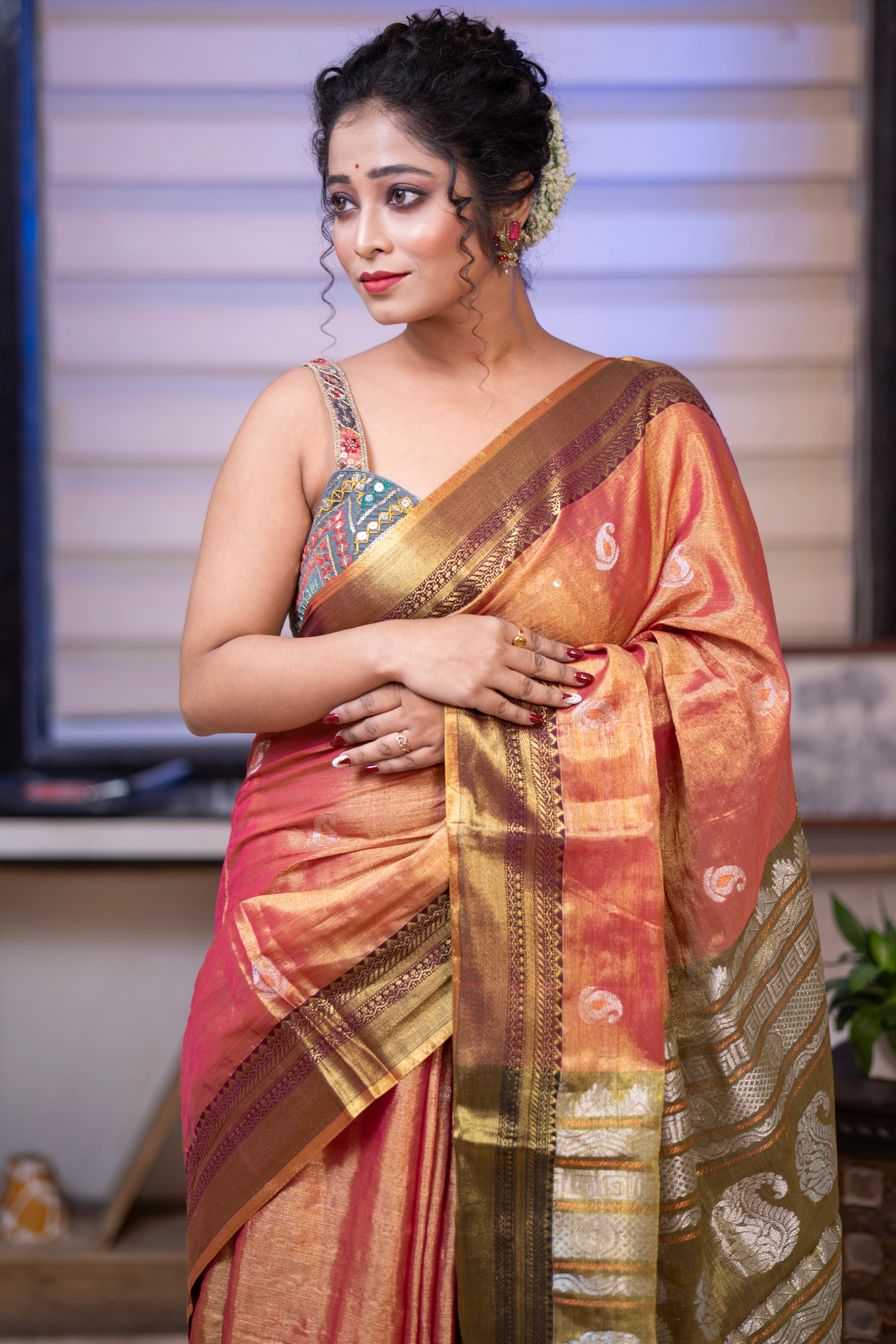 Metallic Orange Pure Tissue Linen Hand Woven Jamdani Saree