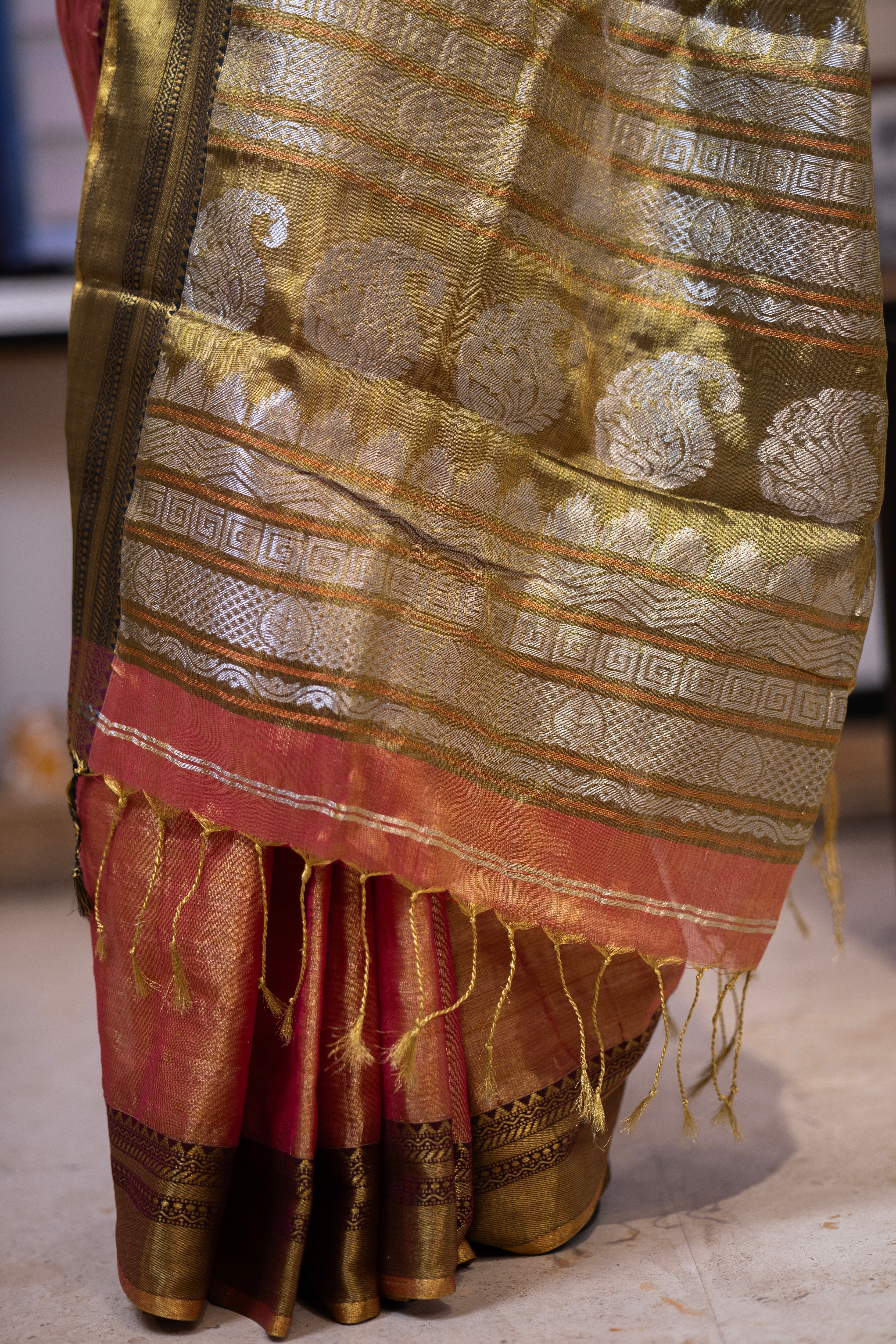 Metallic Orange Pure Tissue Linen Hand Woven Jamdani Saree