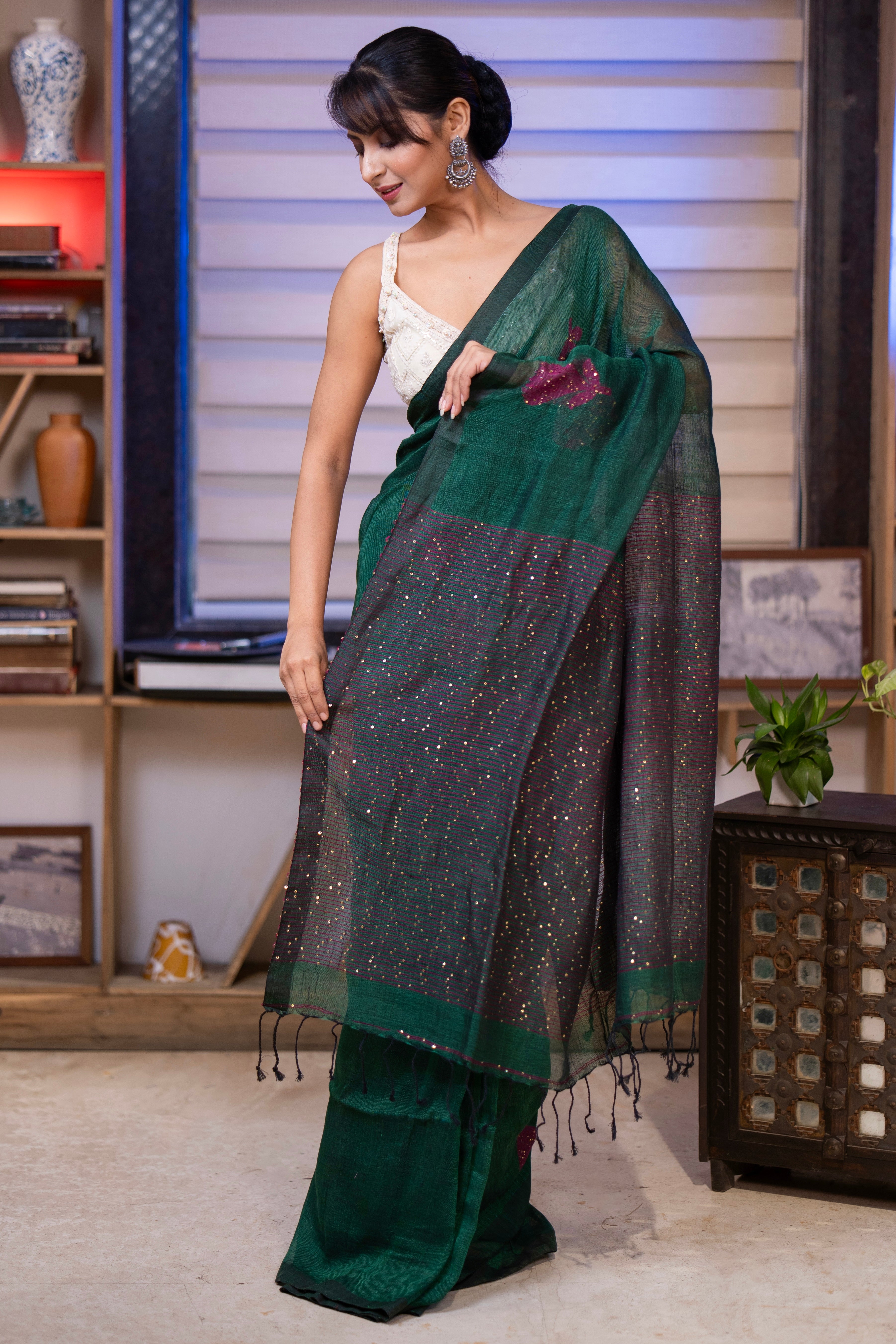 Dark Green Rose Handwoven Linen Saree with Sequence Work