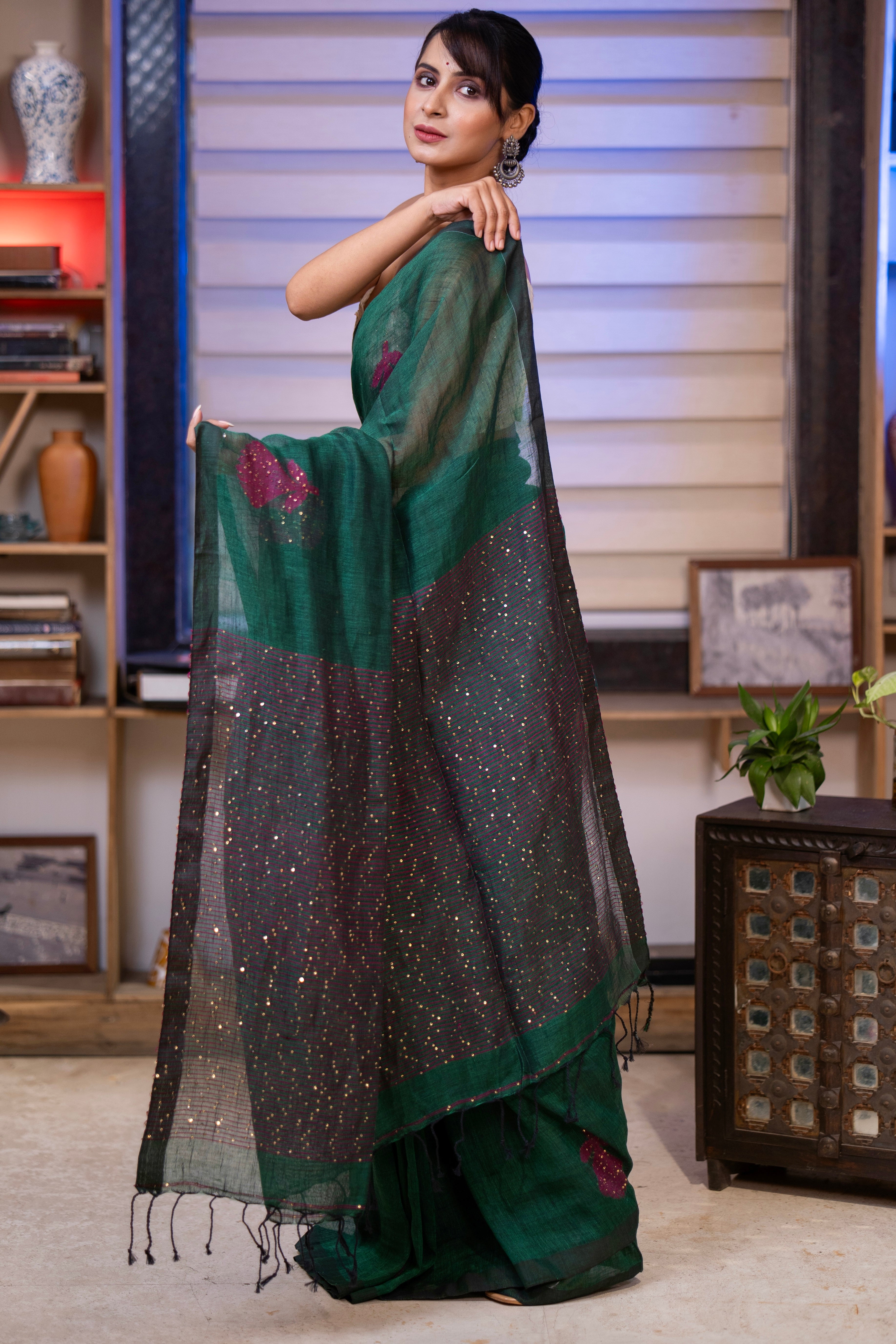 Dark Green Rose Handwoven Linen Saree with Sequence Work