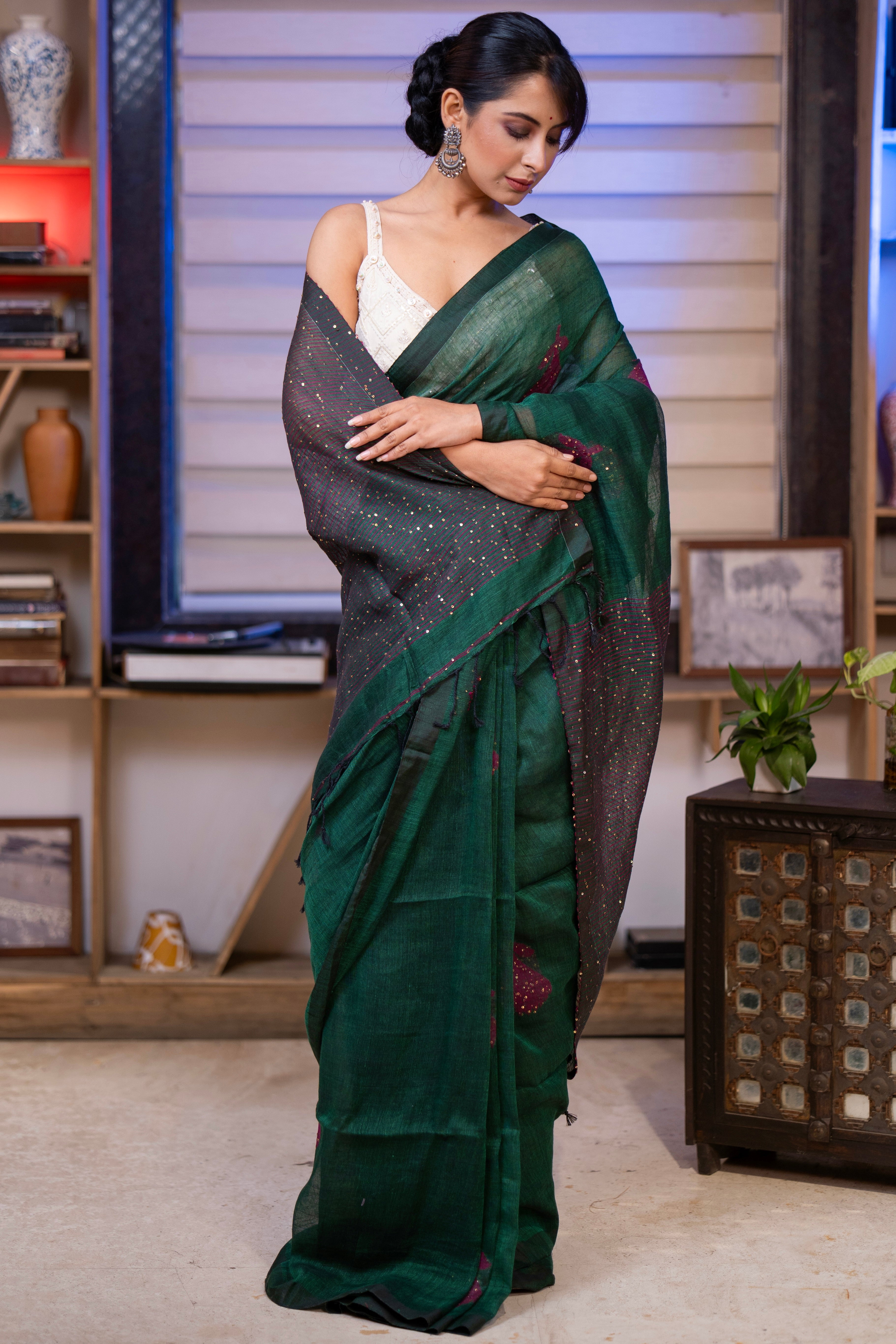 Dark Green Rose Handwoven Linen Saree with Sequence Work